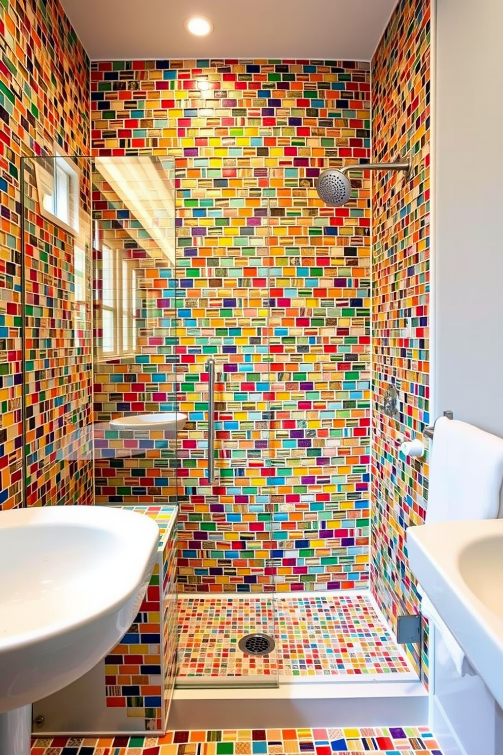 A vibrant bathroom featuring colorful mosaic tiles that create an eye-catching focal point. The walk-in shower is elegantly designed with a glass enclosure and a rainfall showerhead, enhancing the overall luxurious feel.