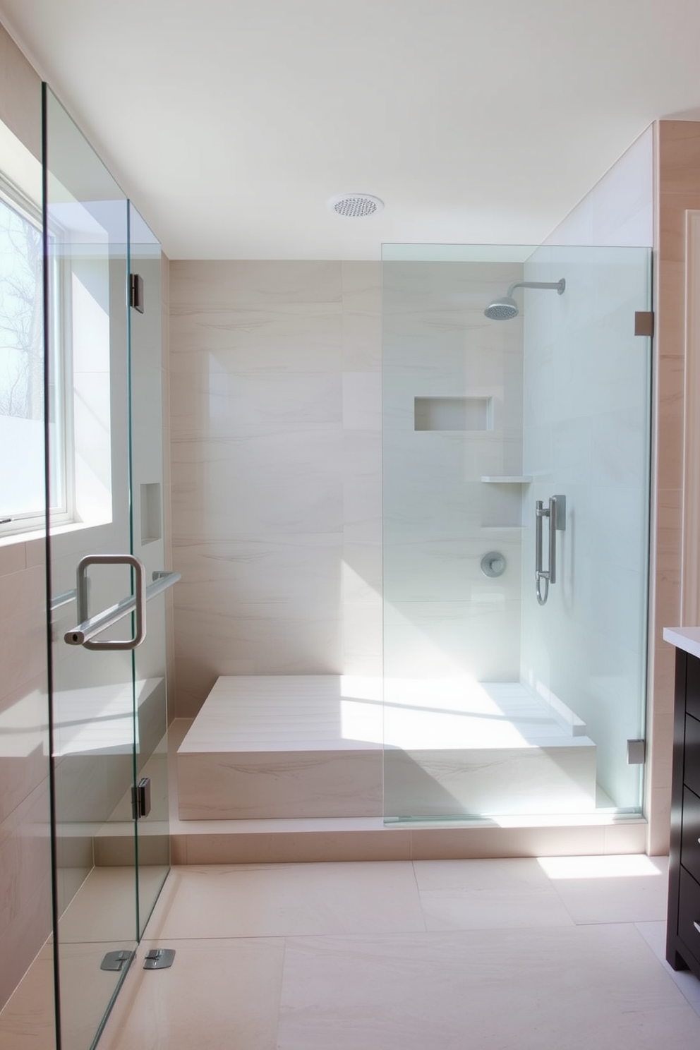 A luxurious walk-in shower features large format tiles that create a seamless design. The tiles are in soft neutral tones, complemented by a sleek glass enclosure and modern fixtures. Natural light floods the space through a frosted window, enhancing the airy atmosphere. A built-in bench made of matching tile provides both style and functionality.