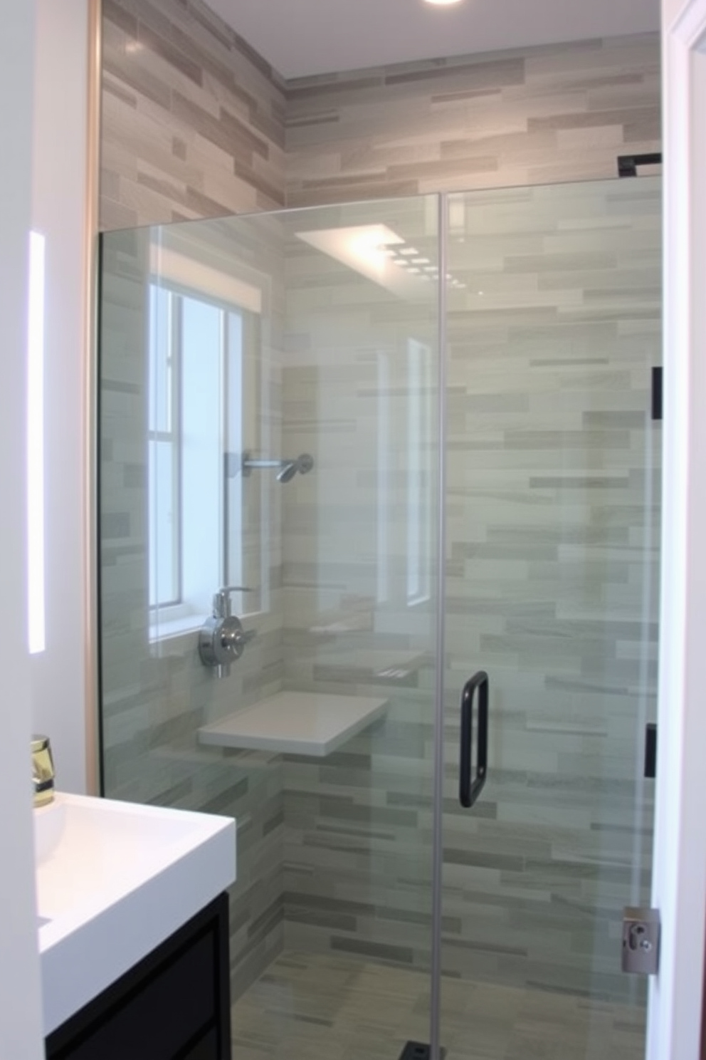 Natural stone walls create an earthy feel in a luxurious walk-in shower. The space is enhanced with sleek glass doors and a rainfall showerhead for a spa-like experience.