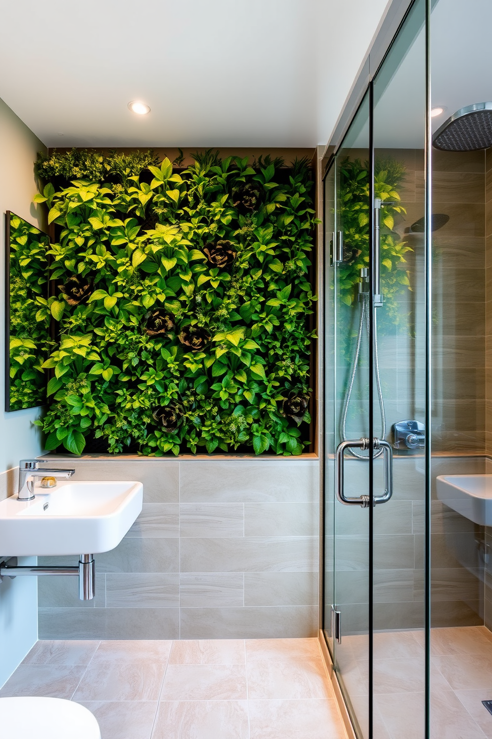 A vertical garden wall adorned with lush greenery creates a refreshing focal point in the bathroom. The wall features a variety of plants that thrive in humidity, adding a natural element to the space. The walk-in shower boasts sleek glass panels and modern fixtures, offering an open and airy feel. Elegant tiles in soft earth tones line the shower area, complementing the vibrant greenery of the vertical garden.