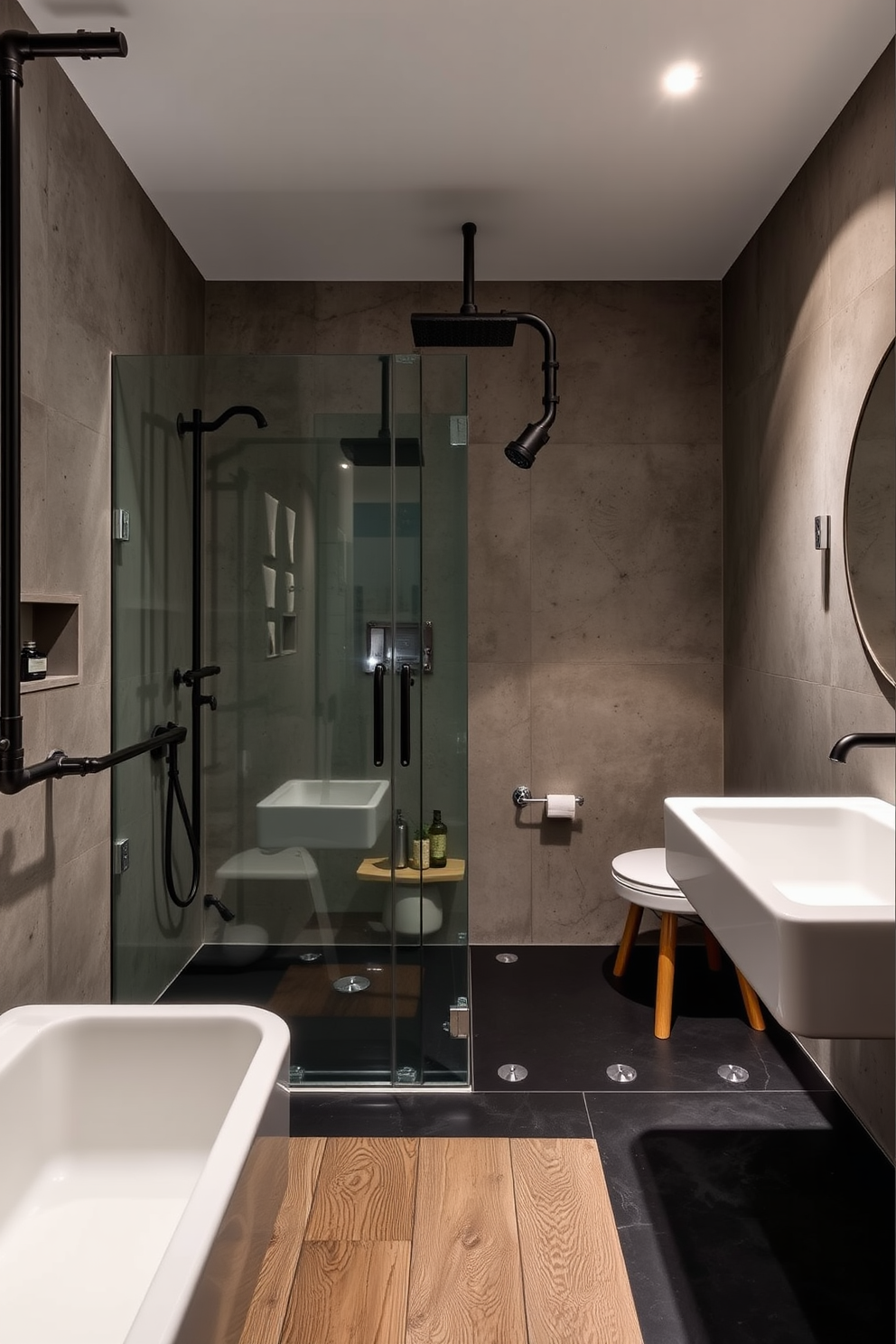 An industrial style bathroom featuring exposed metal fixtures and a walk-in shower. The walls are adorned with raw concrete finishes and the floor is a combination of sleek black tiles and reclaimed wood accents.