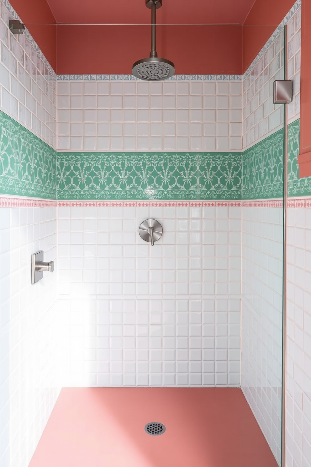 A walk-in shower featuring vintage-inspired tiles in a retro color palette. The walls are adorned with intricate patterned tiles, while the floor showcases a complementary solid color tile, creating a cohesive and inviting atmosphere.