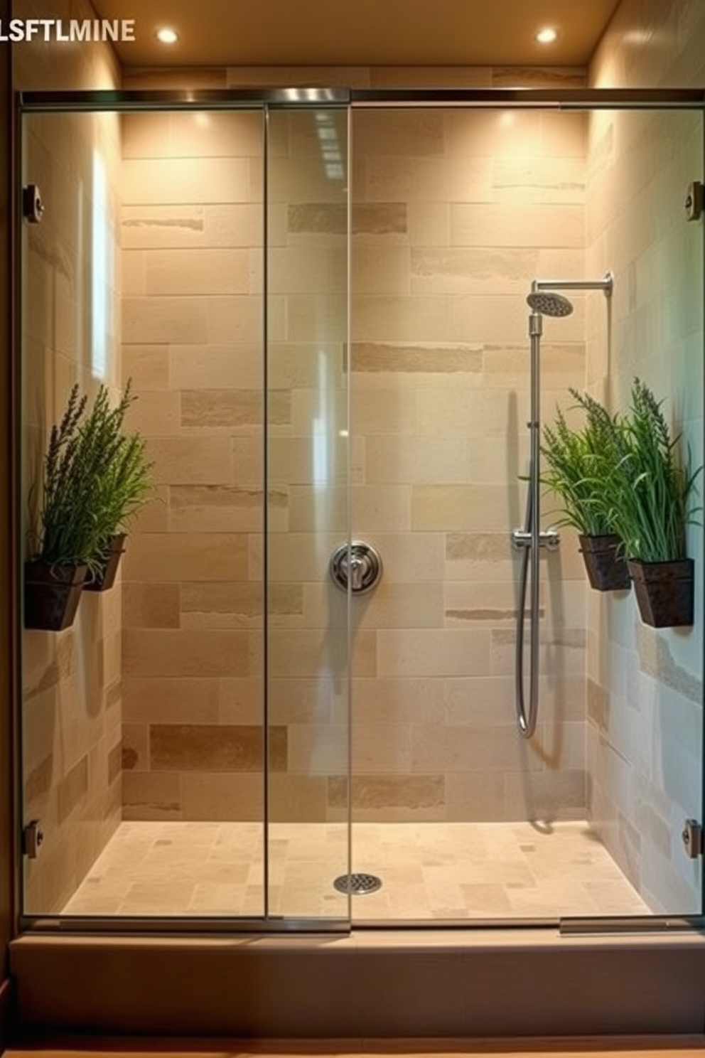 A luxurious walk-in shower designed for relaxation and aromatherapy. The walls are adorned with natural stone tiles, and fragrant herbs such as lavender and rosemary are placed in wall-mounted planters for a soothing scent.