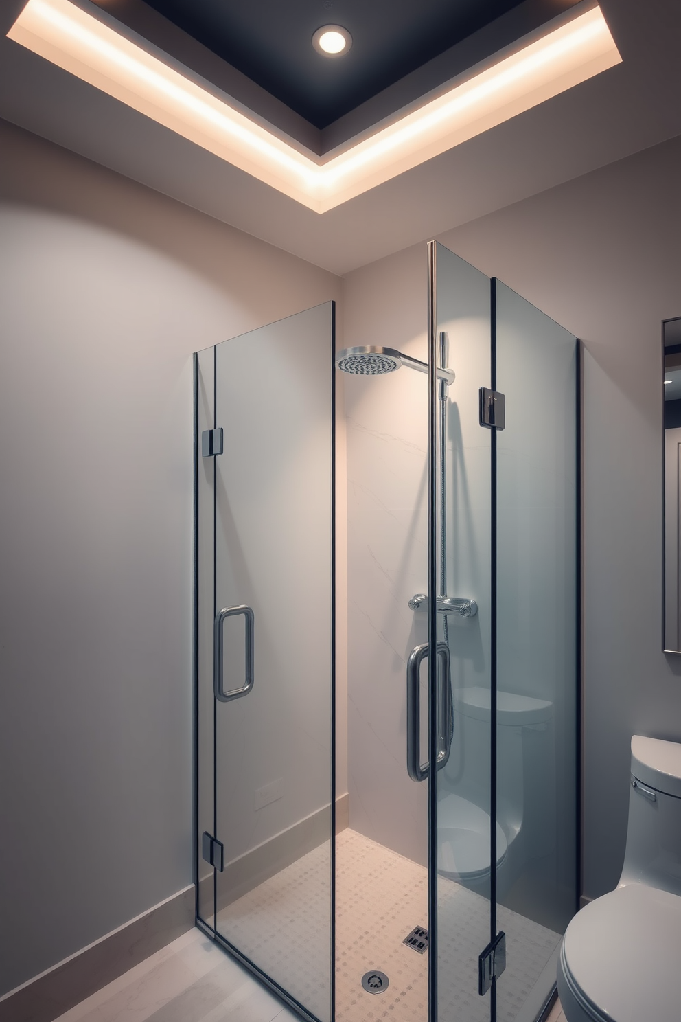 A serene bathroom ambiance is created with soft LED lighting that casts a warm glow throughout the space. The walk-in shower features elegant glass doors and a rainfall showerhead, enhancing the luxurious feel of the design.