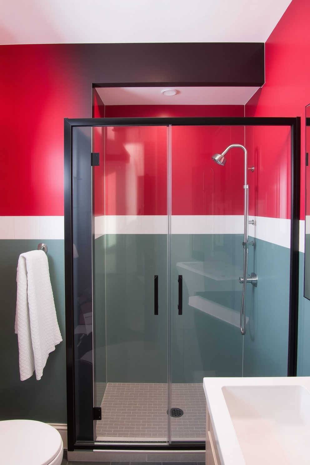 A bold accent wall features contrasting colors that create a striking focal point in the bathroom. The walk-in shower is designed with sleek glass doors and modern fixtures, enhancing the overall contemporary aesthetic.