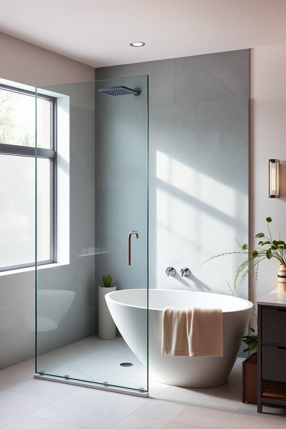 A modern walk-in shower design featuring a sleek glass panel instead of a traditional shower curtain. The shower area is enclosed with frameless glass, showcasing a rainfall showerhead and elegant tile work in soft gray tones. The bathroom includes a freestanding soaking tub positioned beside the walk-in shower, creating a spa-like atmosphere. Natural light floods the space through a frosted window, enhancing the serene ambiance with minimalist decor and lush greenery.