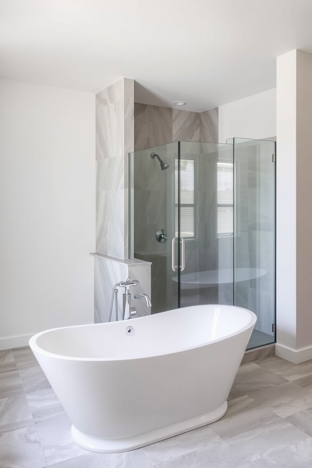 Elegant freestanding bathtub positioned beside a spacious walk-in shower featuring sleek glass doors. The bathroom is adorned with natural stone tiles and a calming color palette of soft grays and whites, creating a serene atmosphere.