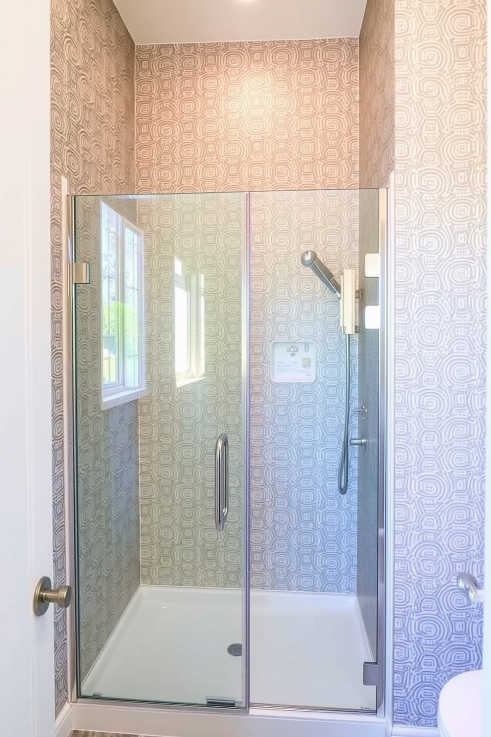 Textured wallpaper adds depth and character to a bathroom space. The design features a walk-in shower with sleek glass doors and modern fixtures, creating a spa-like atmosphere.