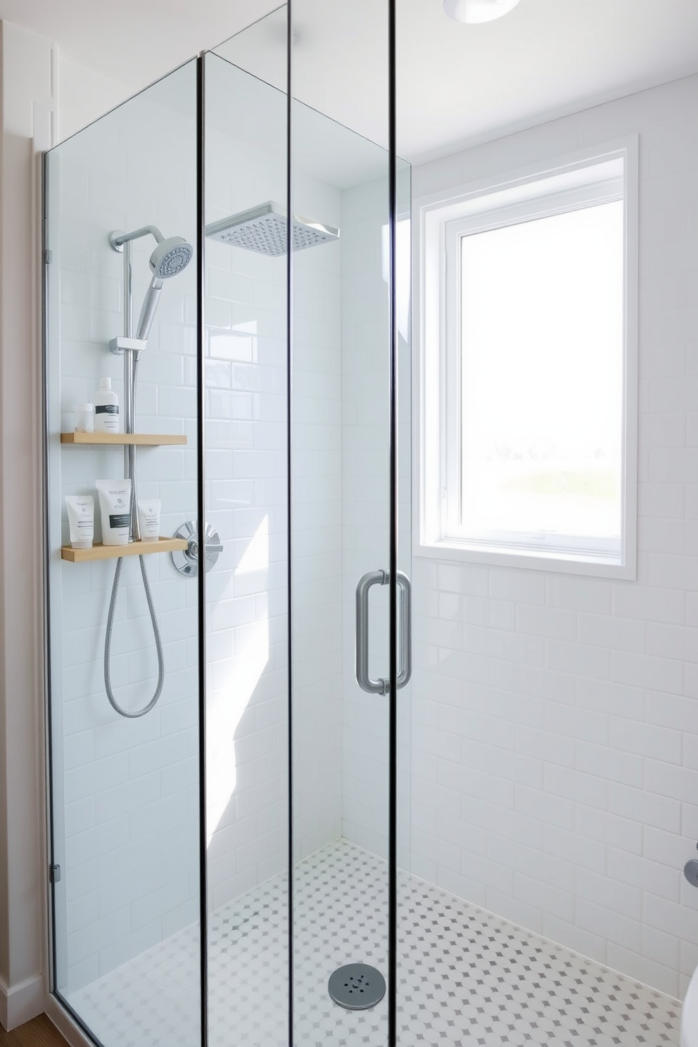 A sleek walk-in shower features a minimalist design with white subway tiles covering the walls and floor. The glass enclosure allows for an open feel, while a rain showerhead adds a touch of luxury to the space. Natural light floods in from a frosted window, enhancing the bright and airy atmosphere. Simple wooden shelves hold neatly arranged toiletries, maintaining the uncluttered aesthetic of the bathroom.