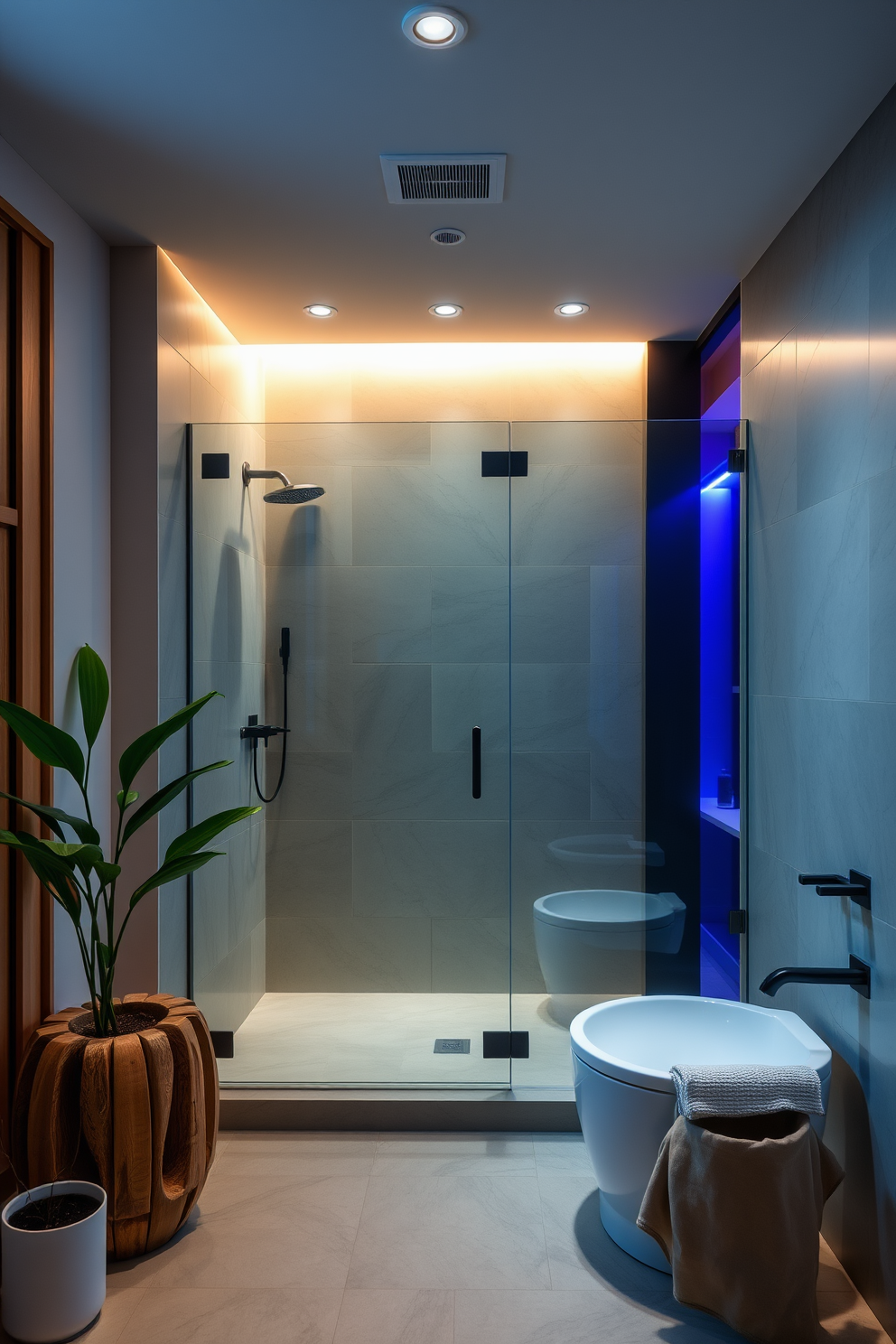 A serene bathroom retreat featuring an integrated sound system for relaxation. The space includes a walk-in shower with glass doors and sleek tile finishes, creating a harmonious ambiance. Soft lighting illuminates the area, enhancing the calming atmosphere. Natural elements like wooden accents and potted plants contribute to a spa-like experience.