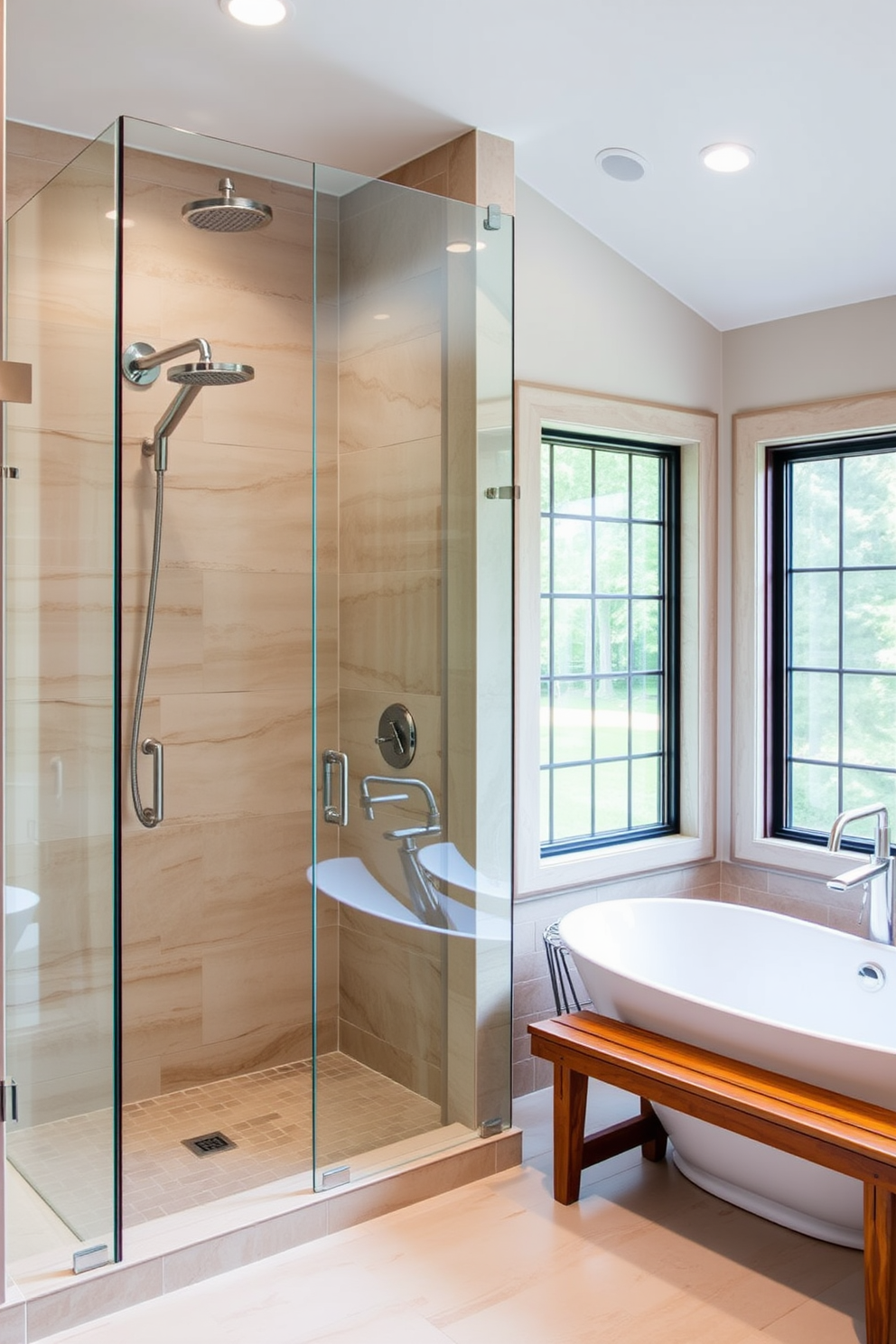 A luxurious curbless walk-in shower features a seamless glass enclosure that enhances the spaciousness of the bathroom. The shower is adorned with elegant tiles in soft earth tones, complemented by a rainfall showerhead for a spa-like experience. The surrounding area includes a modern freestanding bathtub positioned near a large window, allowing natural light to flood the space. Stylish fixtures in brushed nickel add a contemporary touch, while a wooden bench provides a convenient spot for relaxation.