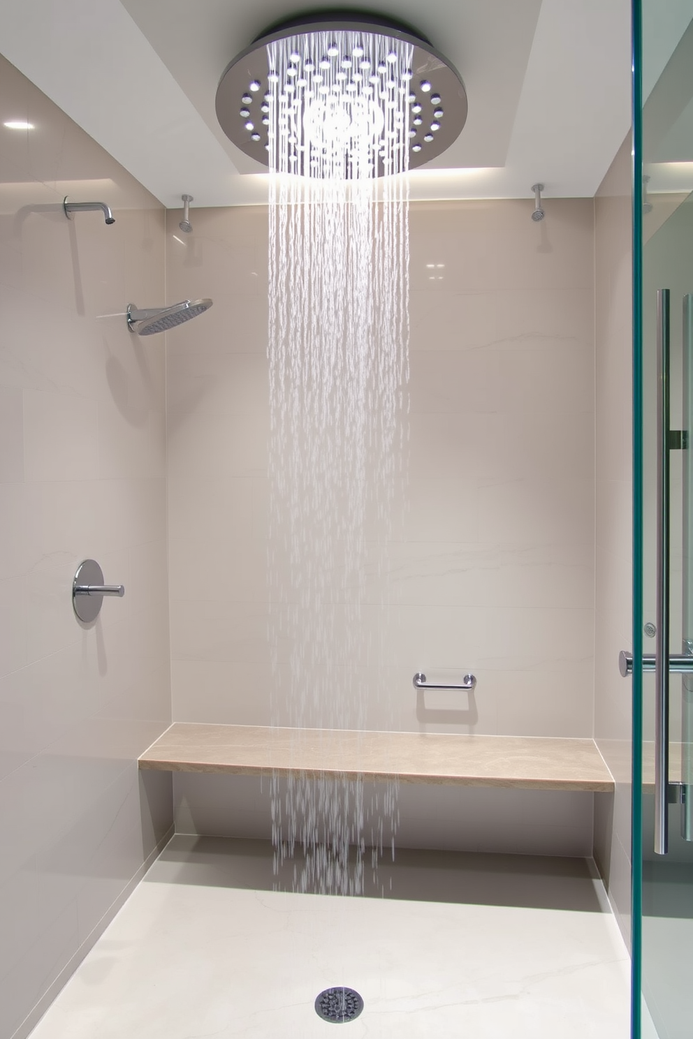 A luxurious walk-in shower features a stunning rainfall showerhead suspended from the ceiling, providing a spa-like experience. The design includes a sleek bench made of natural stone, offering a comfortable space for relaxation and convenience.