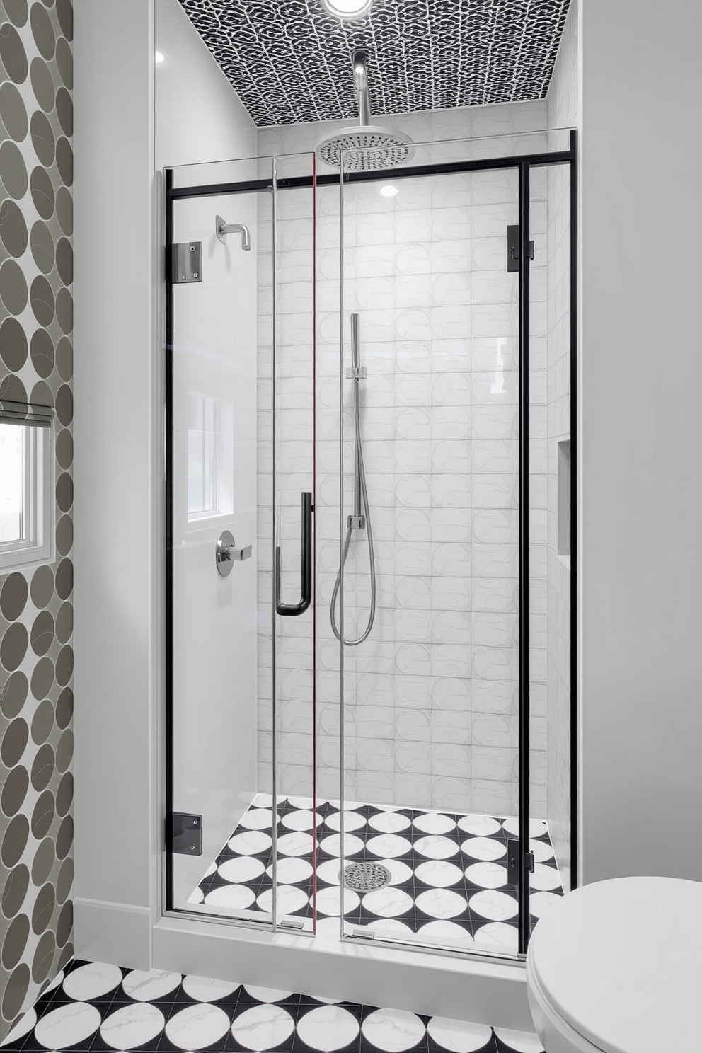 A modern bathroom featuring bold patterned tiles that create a striking visual interest. The walk-in shower is elegantly designed with glass panels and a rainfall showerhead, complemented by a sleek, minimalist aesthetic.