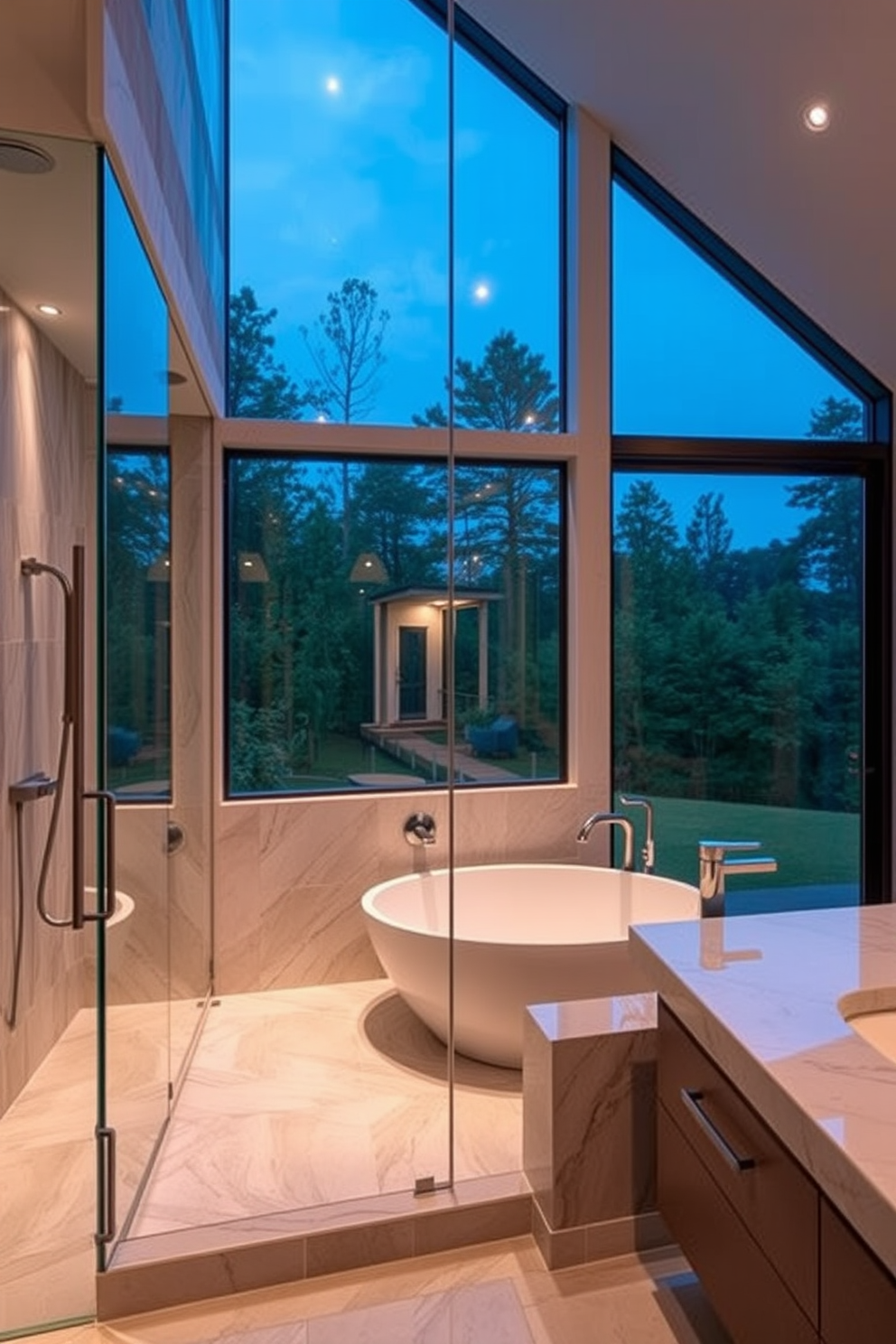 A luxurious bathroom design featuring an open concept shower seamlessly integrated with a freestanding tub. The space boasts large glass panels that provide an unobstructed view of the natural surroundings, creating a serene atmosphere. The walk-in shower is adorned with elegant tiles and a rain showerhead, offering a spa-like experience. Soft, ambient lighting highlights the modern fixtures and creates a warm, inviting ambiance.