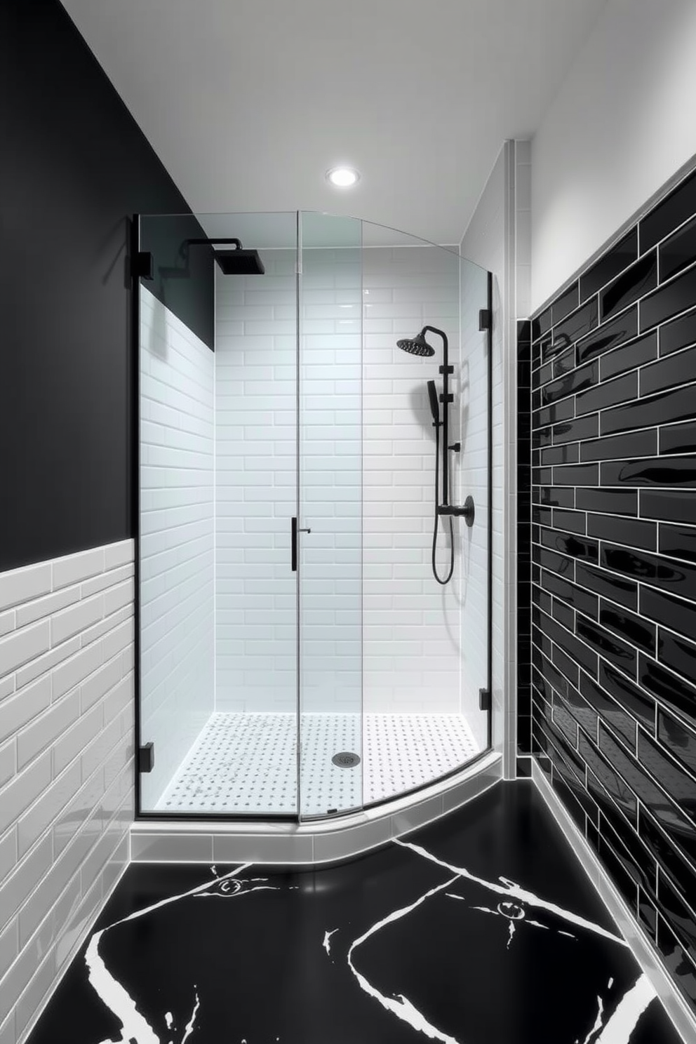 A sleek walk-in shower bathroom features a monochrome color scheme with black and white tiles elegantly arranged on the floor and walls. The walk-in shower boasts a frameless glass enclosure with a rainfall showerhead, complemented by minimalist black fixtures for a modern touch.