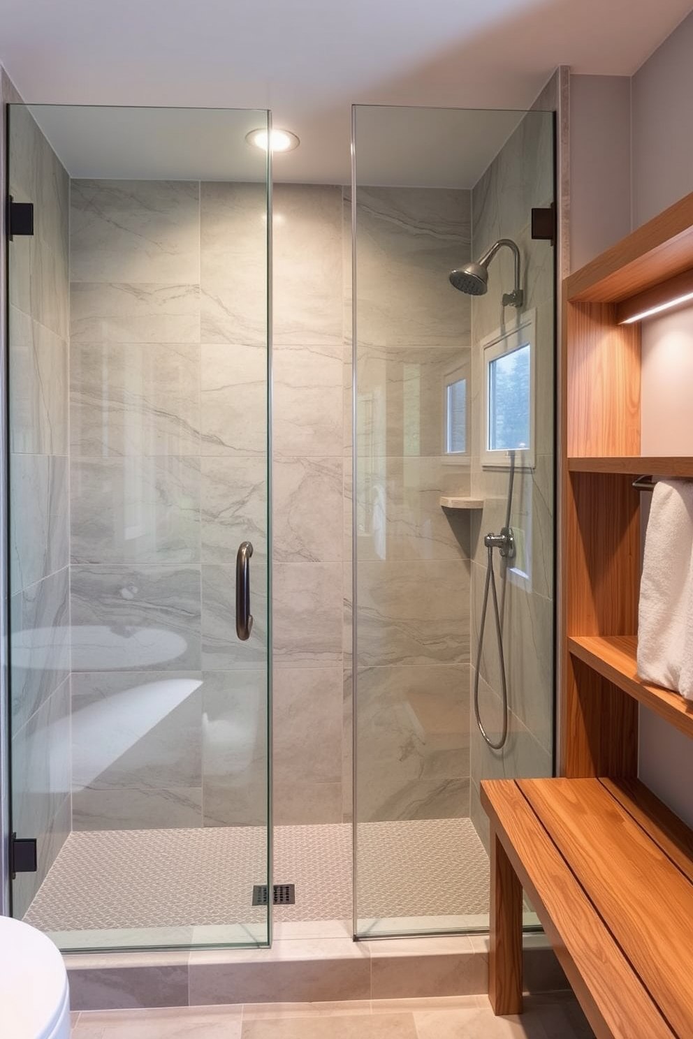 A walk-in shower design featuring sleek glass doors and elegant tile work creates a modern yet inviting atmosphere. The space is enhanced by wood accents, including a warm wooden bench and shelving, adding a touch of nature to the luxurious setting.