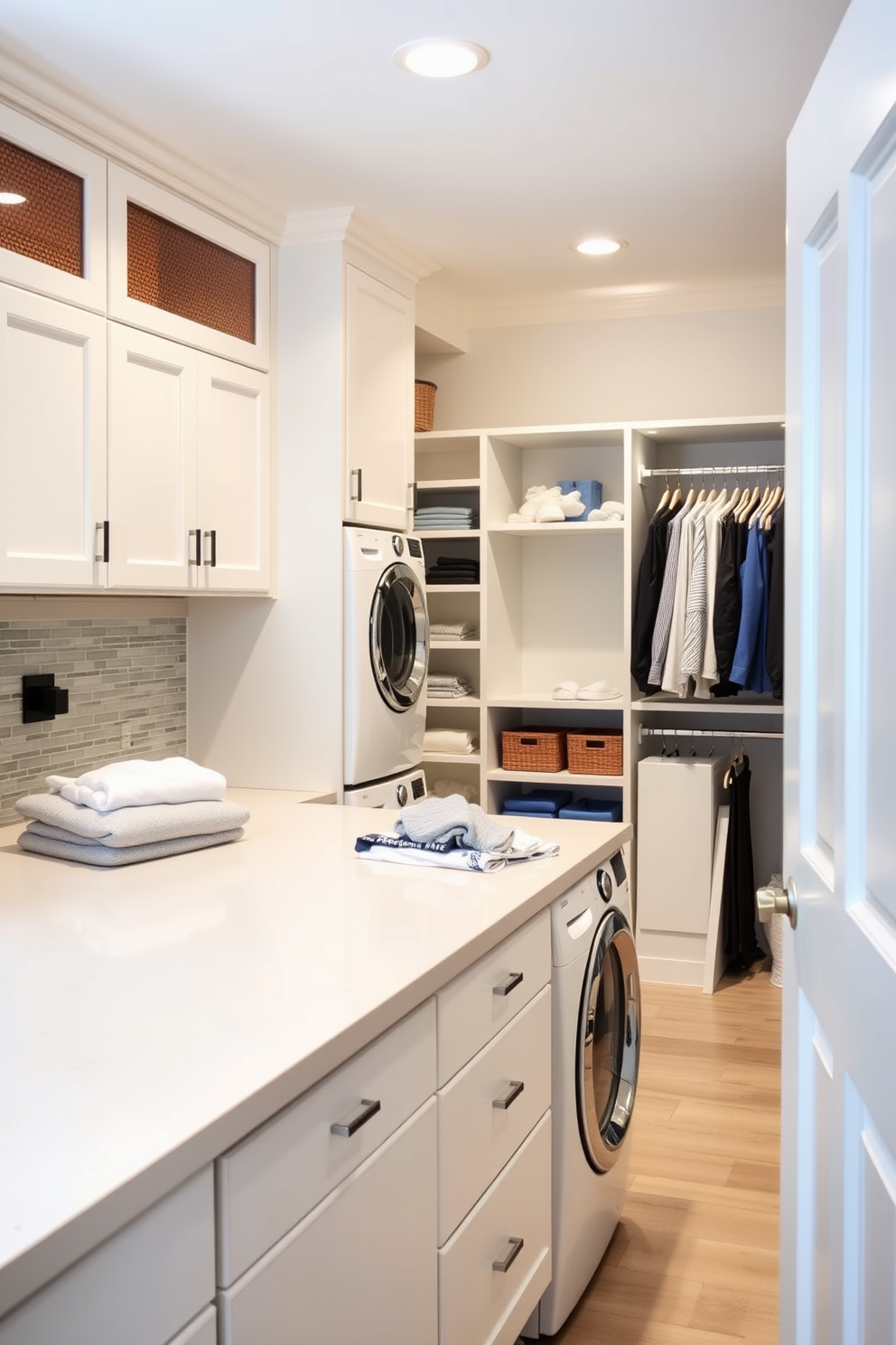 A spacious island with ample counter space for folding laundry is the centerpiece of the laundry room. Surrounding the island are built-in cabinets for storage and a stylish backsplash that adds a pop of color. The walk-in closet seamlessly integrates with the laundry room, featuring organized shelving and hanging space. Soft lighting illuminates the area, creating a welcoming atmosphere for both laundry and wardrobe needs.