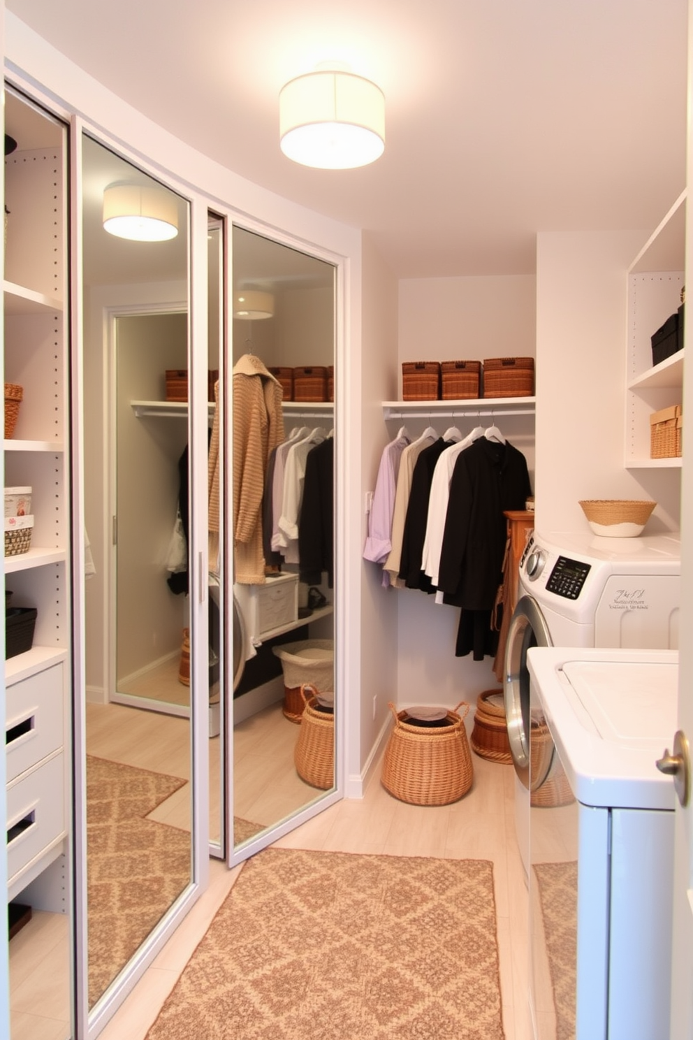 A stylish walk-in closet laundry room combo features mirrored doors that reflect light and enhance the perception of space. The room is designed with ample shelving and hanging space on one side, while the laundry appliances are neatly tucked away on the opposite side, creating a seamless flow. The walls are painted in a soft neutral tone, complemented by modern light fixtures that provide bright illumination. A chic area rug adds warmth to the space, while decorative baskets keep the room organized and visually appealing.