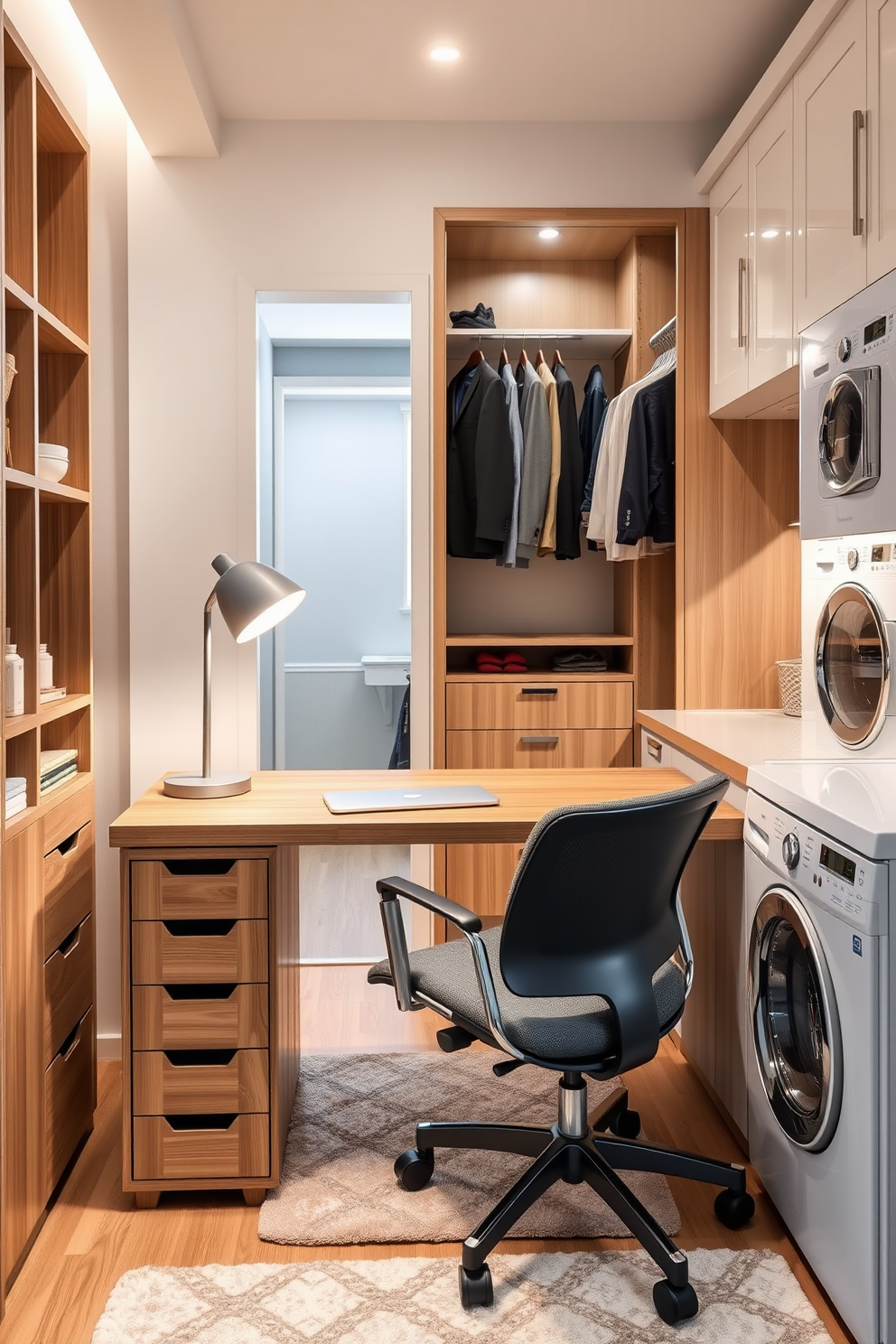 A functional work desk for multitasking features a sleek wooden surface with integrated storage drawers. A comfortable ergonomic chair is positioned in front of the desk, and a stylish desk lamp illuminates the workspace. The walk-in closet is designed with custom shelving and hanging space to maximize organization. Soft lighting and a plush area rug create a welcoming atmosphere for selecting outfits. The laundry room combo design includes stacked appliances to save space, with a countertop for folding clothes. Bright cabinetry and a utility sink enhance functionality while maintaining a clean, modern aesthetic.