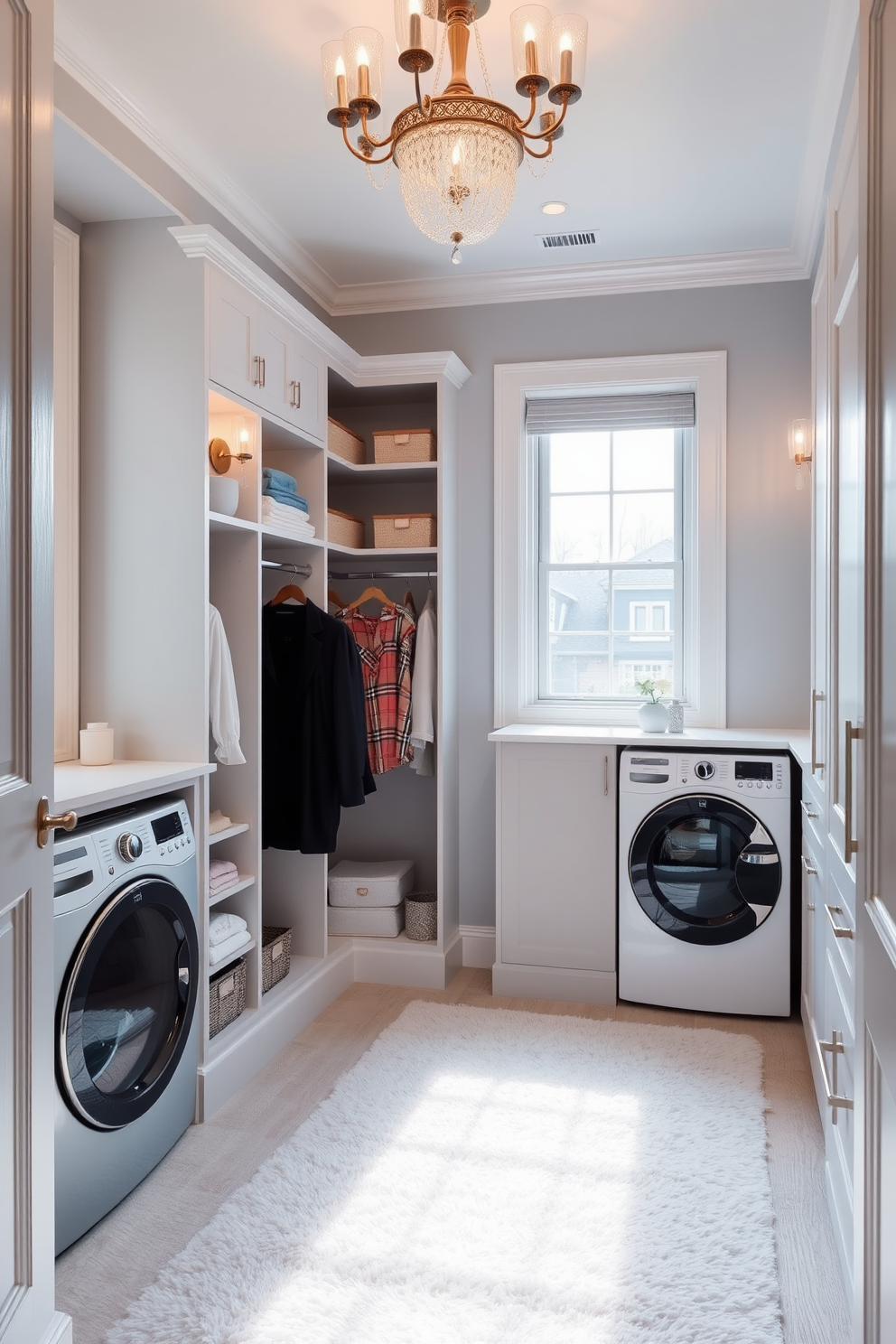 A serene walk-in closet and laundry room combo featuring a soft color palette of pale blues and warm whites. The space includes built-in shelving for organized storage and a stylish laundry area with a hidden washer and dryer. Natural light floods the room through a large window, enhancing the calming atmosphere. Elegant lighting fixtures and plush rugs add comfort and sophistication to the design.