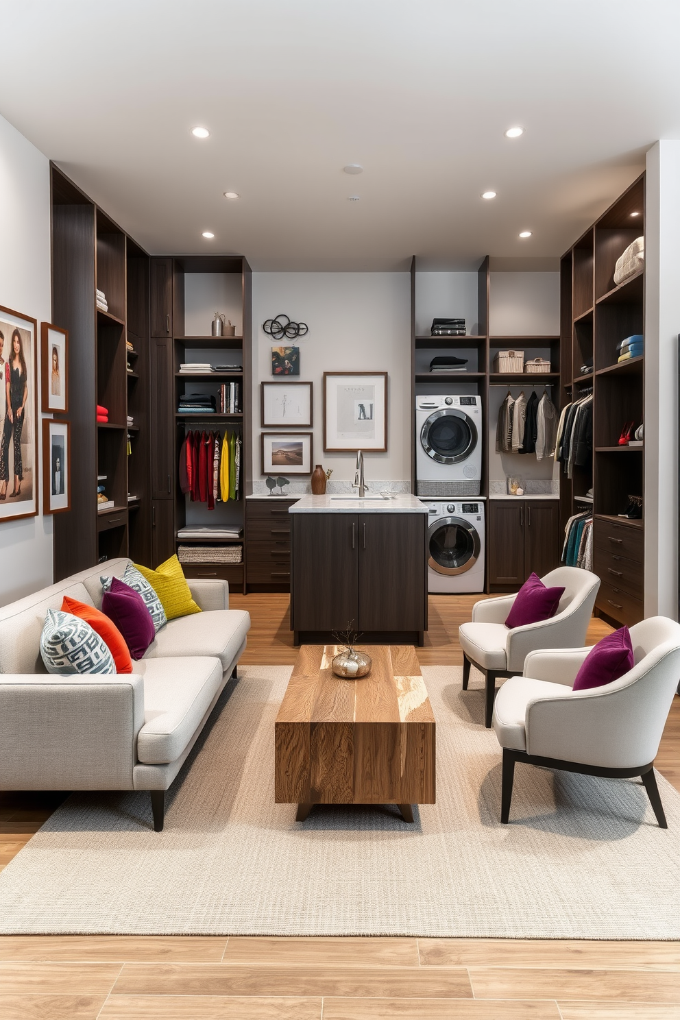 Seating area for comfort and style. The space features a plush sectional sofa in a soft gray fabric, accented with colorful throw pillows for added warmth. A stylish coffee table made of reclaimed wood sits in the center, surrounded by a pair of elegant armchairs. A large area rug in neutral tones anchors the seating arrangement, while a gallery wall of framed art adds personality to the room. Walk-in-Closet. The closet is designed with custom shelving and hanging space, featuring a mix of open and closed storage solutions. A central island with a marble countertop provides additional space for accessories, while soft lighting highlights the organized layout. Laundry Room Combo Design Ideas. The laundry area is seamlessly integrated into the design, featuring a stacked washer and dryer with cabinetry above for storage. A folding station with a countertop is positioned next to the appliances, and a small sink is included for convenience.