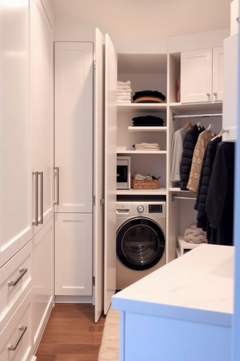 A stylish walk-in closet and laundry room combo features hidden appliances seamlessly integrated behind cabinetry doors. The cabinetry is finished in a soft white hue with sleek handles, creating a clean and organized look. The closet area includes ample shelving and hanging space, designed for easy access to clothing and accessories. A chic laundry area with a countertop for folding clothes is also included, ensuring functionality without sacrificing style.