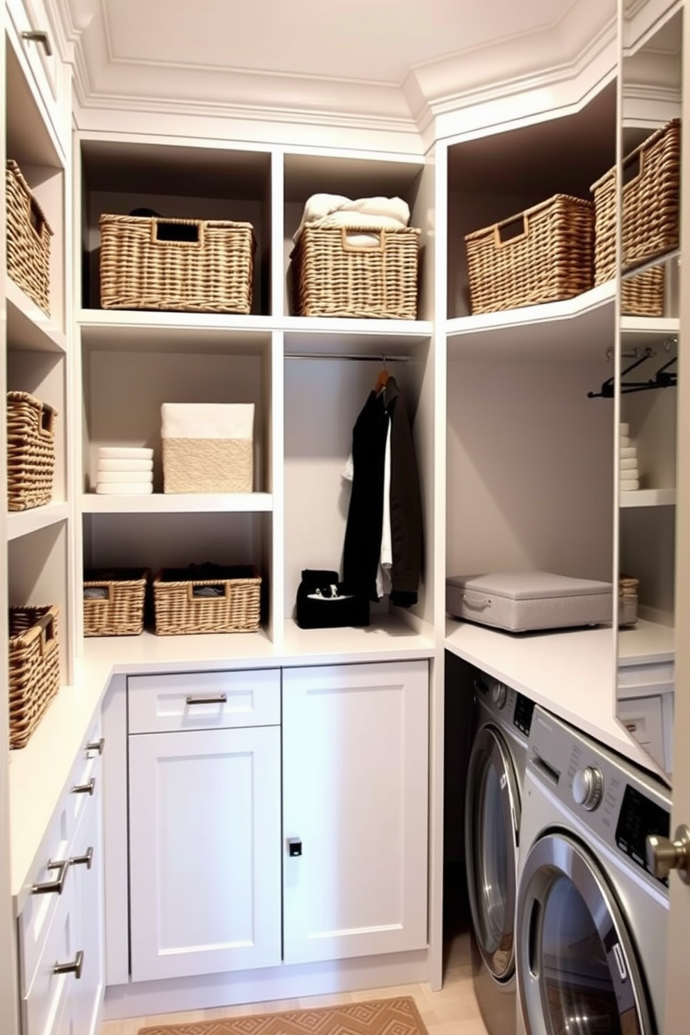 A walk-in closet and laundry room combo featuring decorative baskets for stylish organization. The space includes built-in shelving with various sized baskets in natural fibers, providing a chic and functional storage solution. The laundry area is designed with a sleek washer and dryer stacked for efficiency. Soft lighting illuminates the room, and a small folding station is integrated into the cabinetry, enhancing both style and practicality.