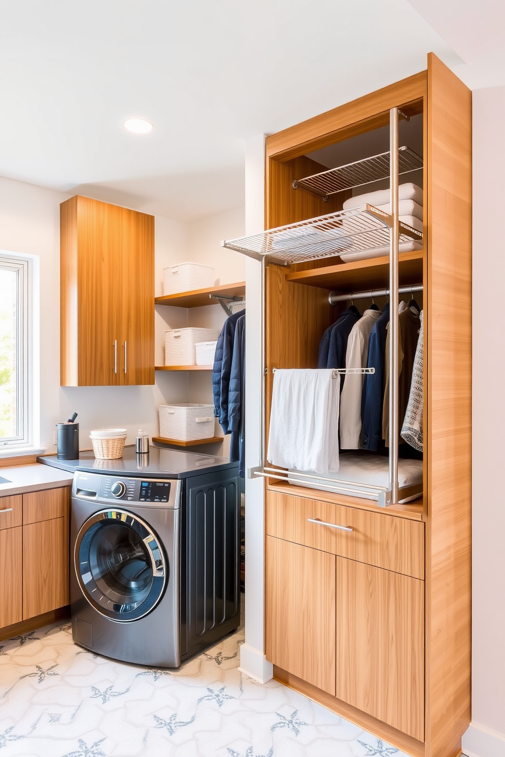 A modern laundry room features a wall-mounted drying rack made of sleek stainless steel, providing efficient space-saving solutions. The room is designed with a walk-in closet adjacent to the laundry area, maximizing functionality and organization. The walls are painted in a soft white hue, complementing the warm wooden cabinetry that houses both laundry essentials and clothing storage. A large window allows natural light to flood the space, enhancing the inviting atmosphere while keeping everything tidy and accessible.