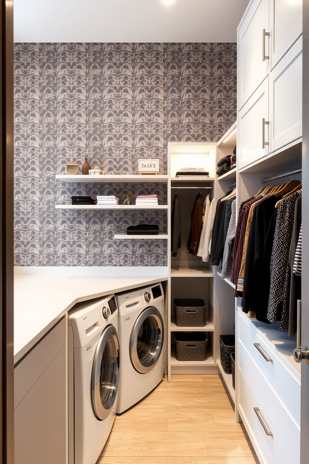 A stylish accent wall features a bold geometric wallpaper that contrasts beautifully with the surrounding neutral tones. The wall serves as a focal point, complemented by sleek shelving that displays curated decor items. The walk-in closet is designed with custom cabinetry that maximizes storage space while maintaining an elegant aesthetic. Soft lighting highlights the organized racks of clothing and accessories, creating a luxurious dressing area. The laundry room combo design incorporates a functional layout with a washer and dryer seamlessly integrated into cabinetry. A stylish countertop provides space for folding clothes, while decorative storage bins keep the area tidy and visually appealing.