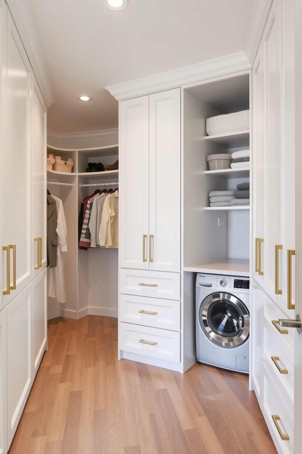 A spacious walk-in closet features floor-to-ceiling cabinetry that maximizes storage and organization. The cabinetry is finished in a sleek white with gold hardware, creating a bright and airy feel in the space. Adjacent to the closet, a laundry room combo is cleverly integrated with stylish cabinetry and a countertop for folding clothes. The area includes a stacked washer and dryer, providing functionality without compromising on design.