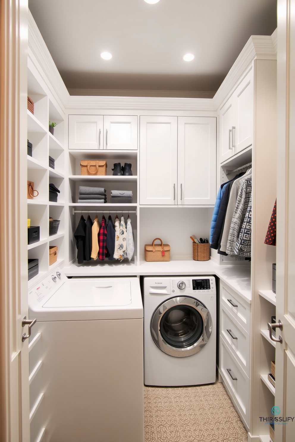 A spacious walk-in closet features dual function cabinetry designed for maximum storage efficiency. The cabinetry includes shelves, drawers, and hanging space, seamlessly blending style and functionality. Adjacent to the closet, the laundry room is cleverly integrated into the design. It showcases a stackable washer and dryer, with additional cabinetry for laundry supplies, creating a cohesive and organized space.