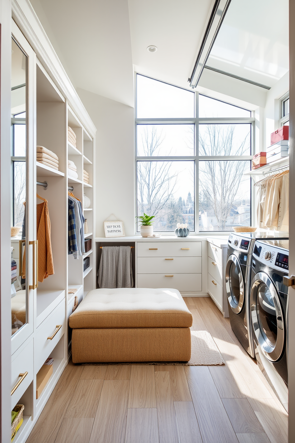 A seamless transition between a walk-in closet and a laundry room creates a functional yet stylish space. The walk-in closet features custom shelving and soft ambient lighting, while the laundry area includes stacked appliances and a folding station with a countertop. The design incorporates matching cabinetry in both areas for a cohesive look. Soft neutral colors and durable flooring connect the two spaces, enhancing the overall flow and usability.