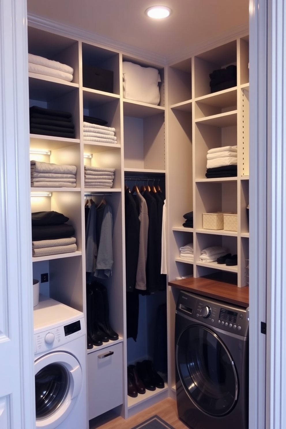 A stylish walk-in closet and laundry room combo featuring customizable modular shelving units. The shelving units are arranged to maximize storage efficiency, with sections for folded clothes, shoes, and accessories. The laundry area includes a stacked washer and dryer, seamlessly integrated into the design. Soft lighting illuminates the space, creating a warm and inviting atmosphere while maintaining functionality.