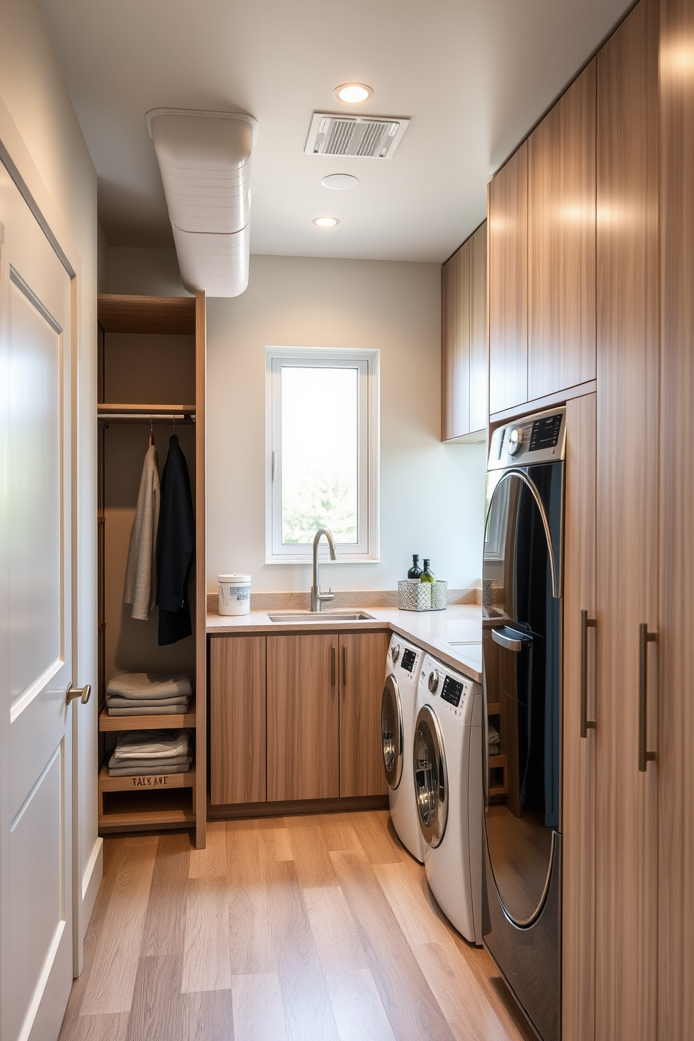 A modern laundry room featuring a built-in laundry chute for easy access from the upper floors. The space includes a stylish walk-in closet with ample storage, seamlessly integrated with the laundry area for convenience. The laundry room showcases sleek cabinetry in a light wood finish, with a countertop for folding clothes. Bright LED lighting illuminates the space, and a large window allows natural light to flood in, creating an inviting atmosphere.