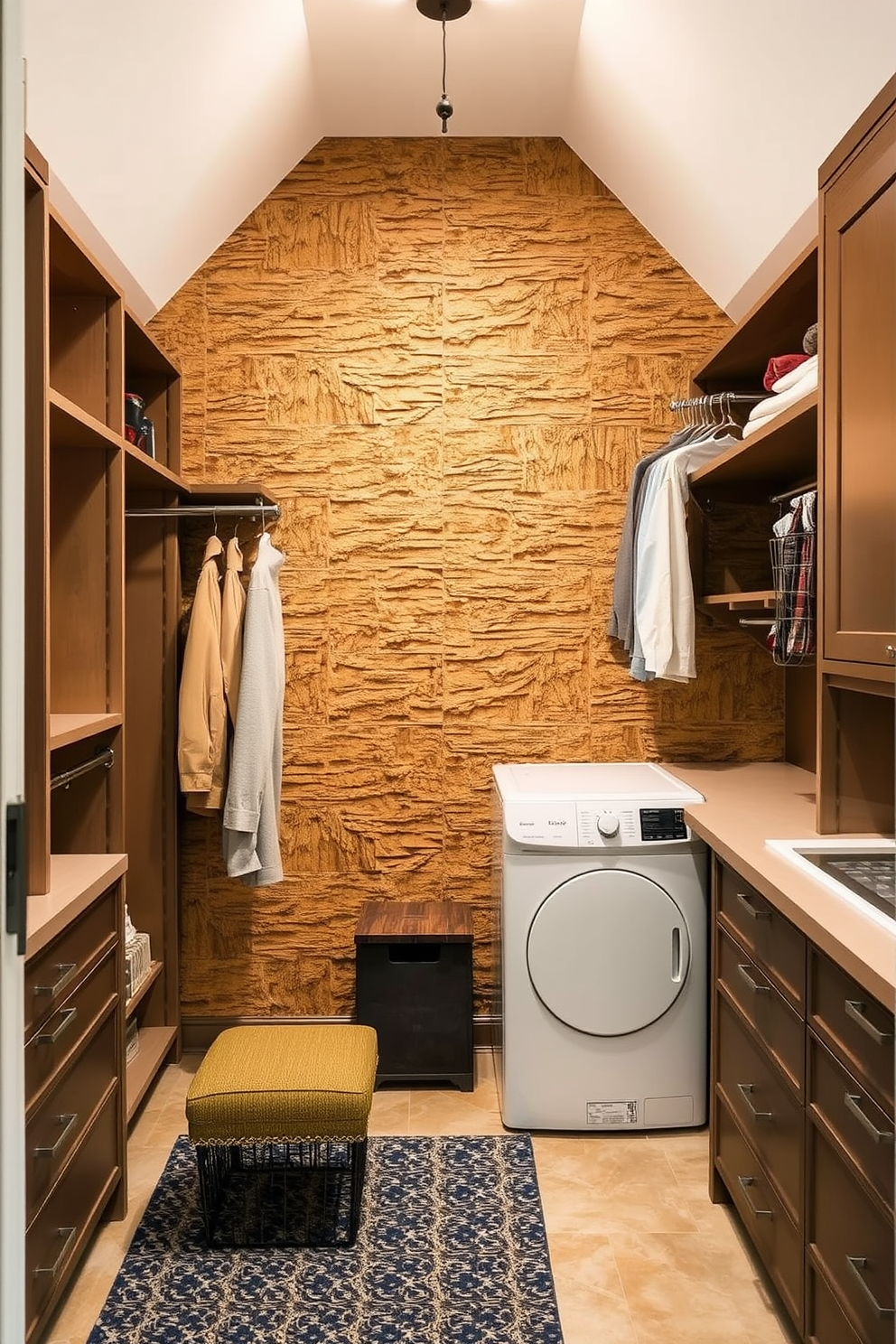 A modern laundry room combo design featuring a spacious walk-in closet. The closet includes pull-out drawers for easy access to clothes and accessories, maximizing functionality and style. The laundry area is equipped with a sleek washer and dryer set, seamlessly integrated into the cabinetry. Ample shelving above provides storage for laundry essentials, while a stylish countertop offers space for folding clothes.