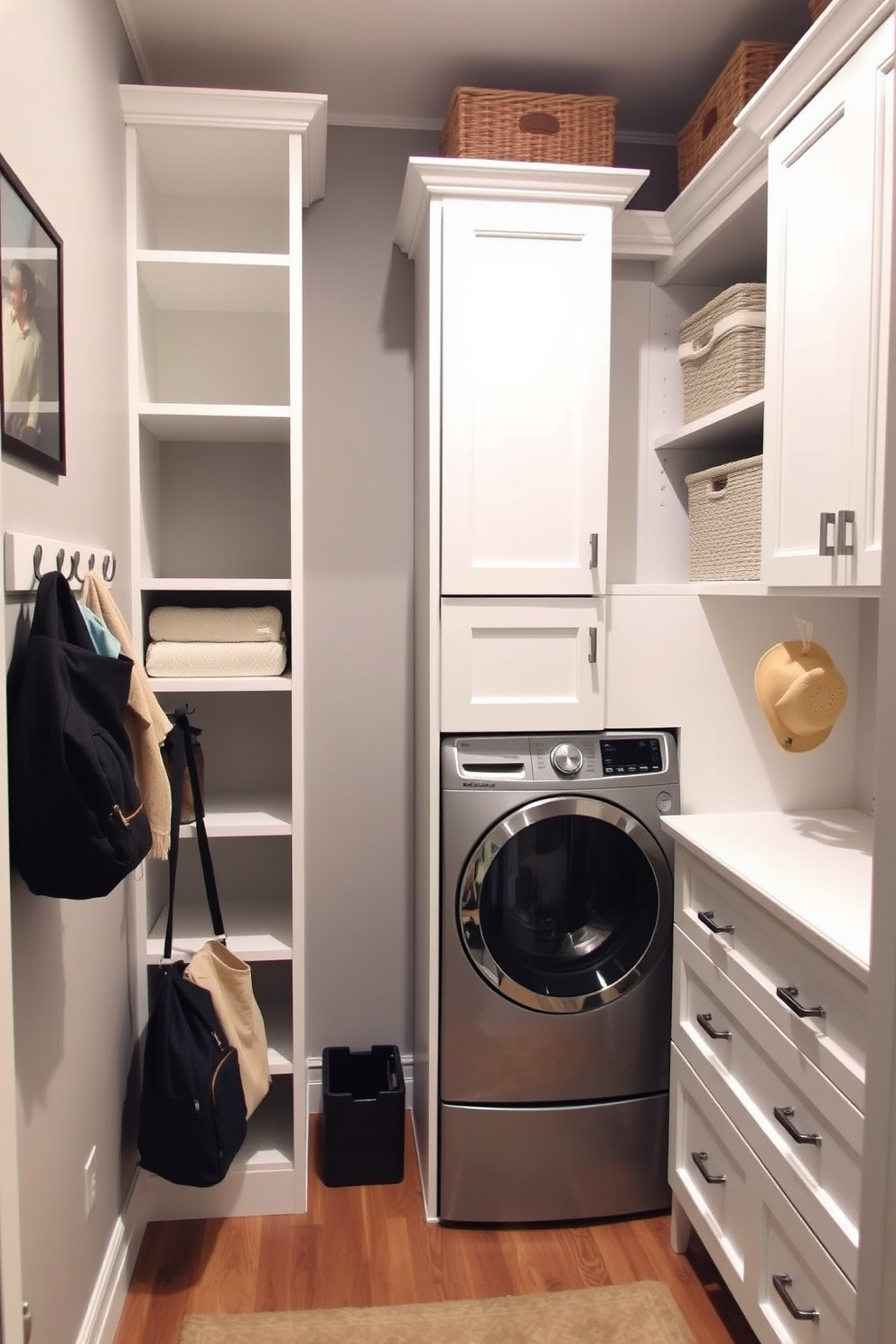 A walk-in closet laundry room combo with functional hooks for quick access items. The space features built-in shelving for storage and a modern washer and dryer set tucked away behind stylish cabinetry. The walls are painted in a soft gray tone, creating a calming atmosphere. Hooks are strategically placed near the entrance for easy access to bags, hats, and other essentials.