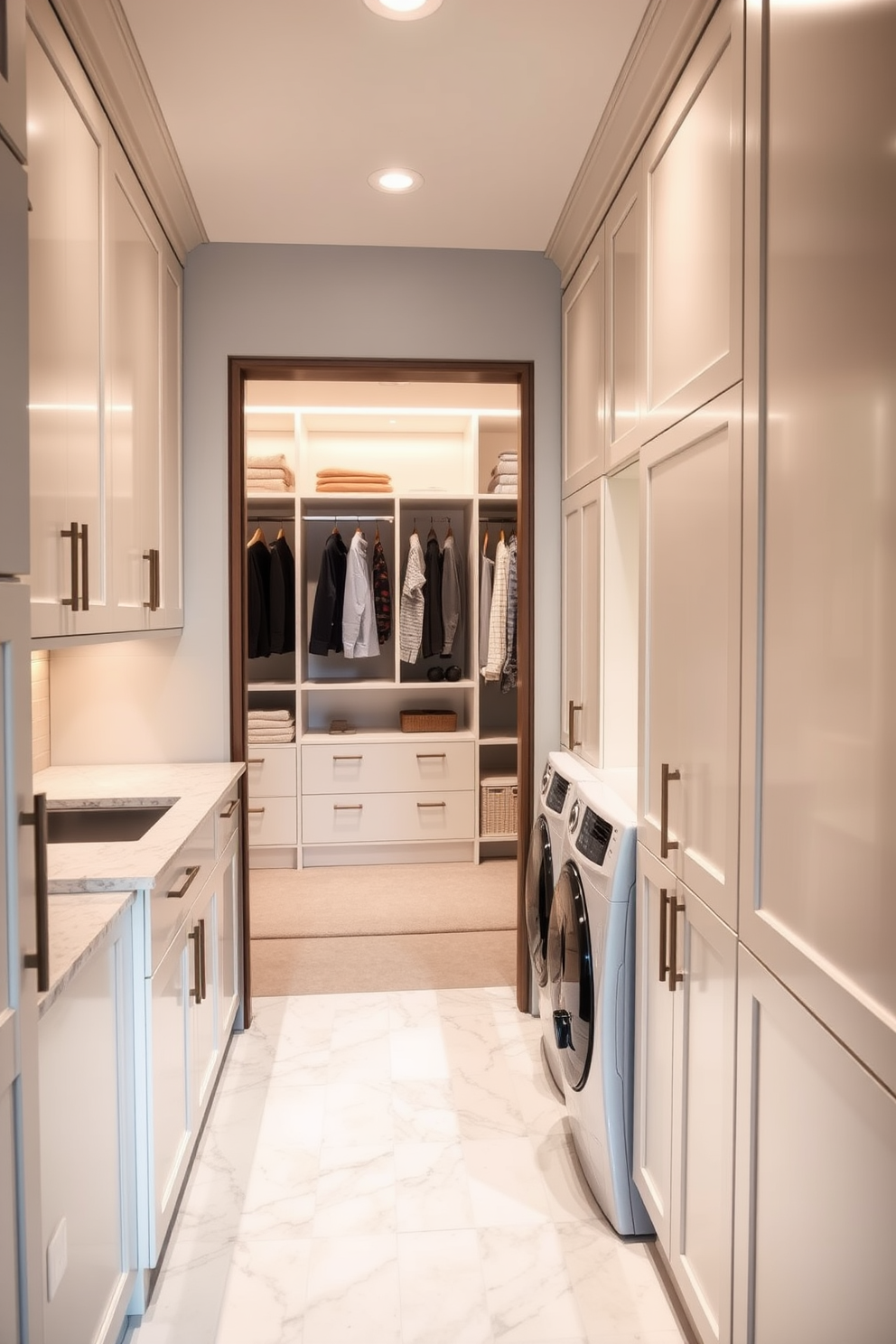 A stylish laundry room adjacent to a master suite featuring sleek cabinetry in a soft white finish. The space includes a large countertop for folding clothes and a washer and dryer neatly integrated into the cabinetry. The walk-in closet is designed with ample shelving and hanging space, creating an organized and luxurious feel. Soft lighting illuminates the area, highlighting the elegant finishes and providing a comfortable atmosphere.