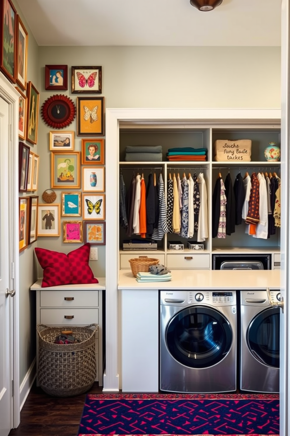 An eclectic decor space that showcases a mix of vibrant colors and unique patterns. The walls are adorned with an array of framed artwork and eclectic wall hangings, creating a personalized touch. A stylish walk-in closet that seamlessly integrates with a laundry room design. The closet features open shelving and a chic island, while the laundry area includes modern appliances and a folding station for convenience.