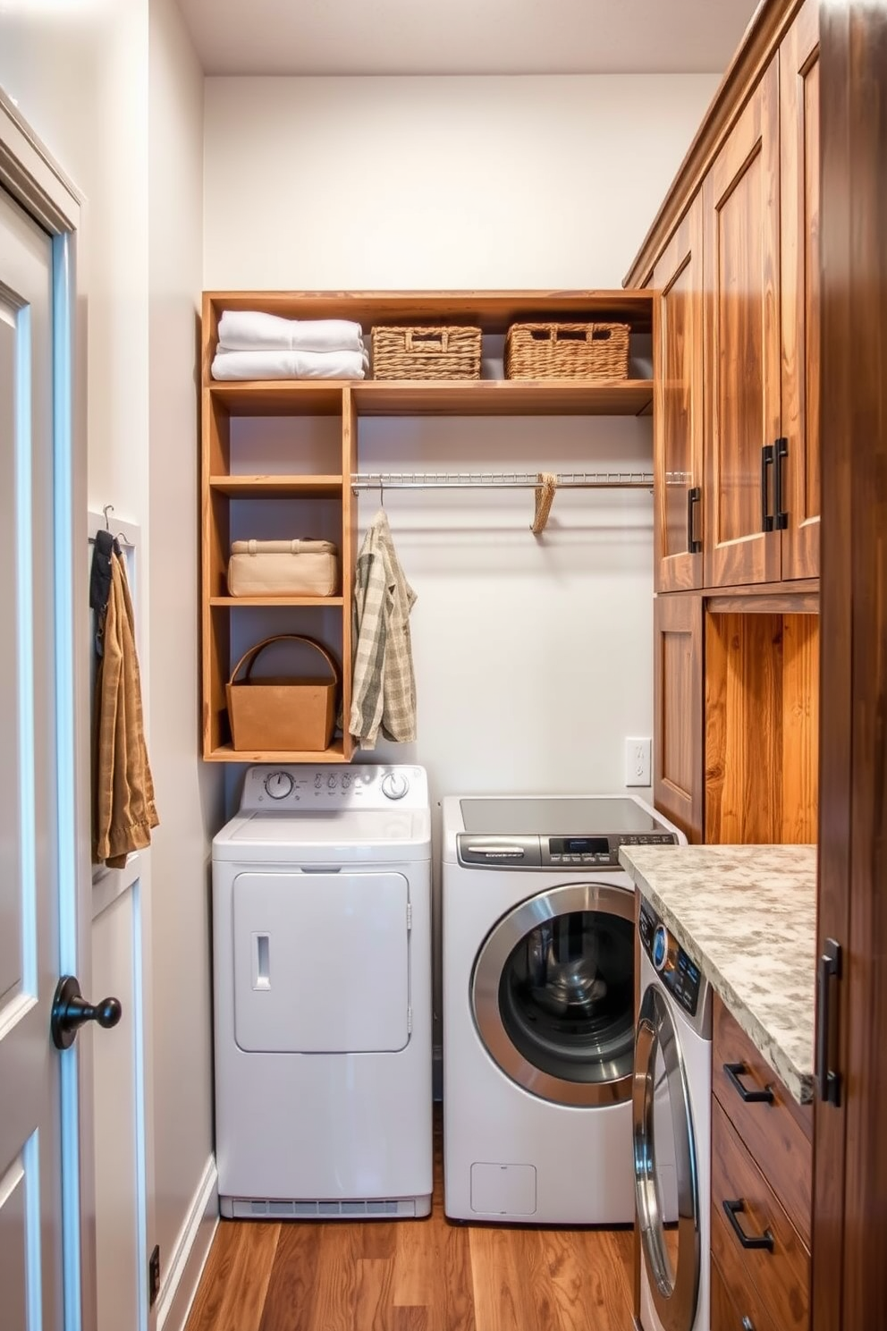 A stylish walk-in closet laundry room combo featuring eco-friendly materials. The space includes bamboo shelving and cabinets made from reclaimed wood, creating a harmonious blend of functionality and sustainability. The laundry area is equipped with energy-efficient appliances and a countertop made from recycled glass. Soft, natural lighting illuminates the space, enhancing the earthy tones of the decor.