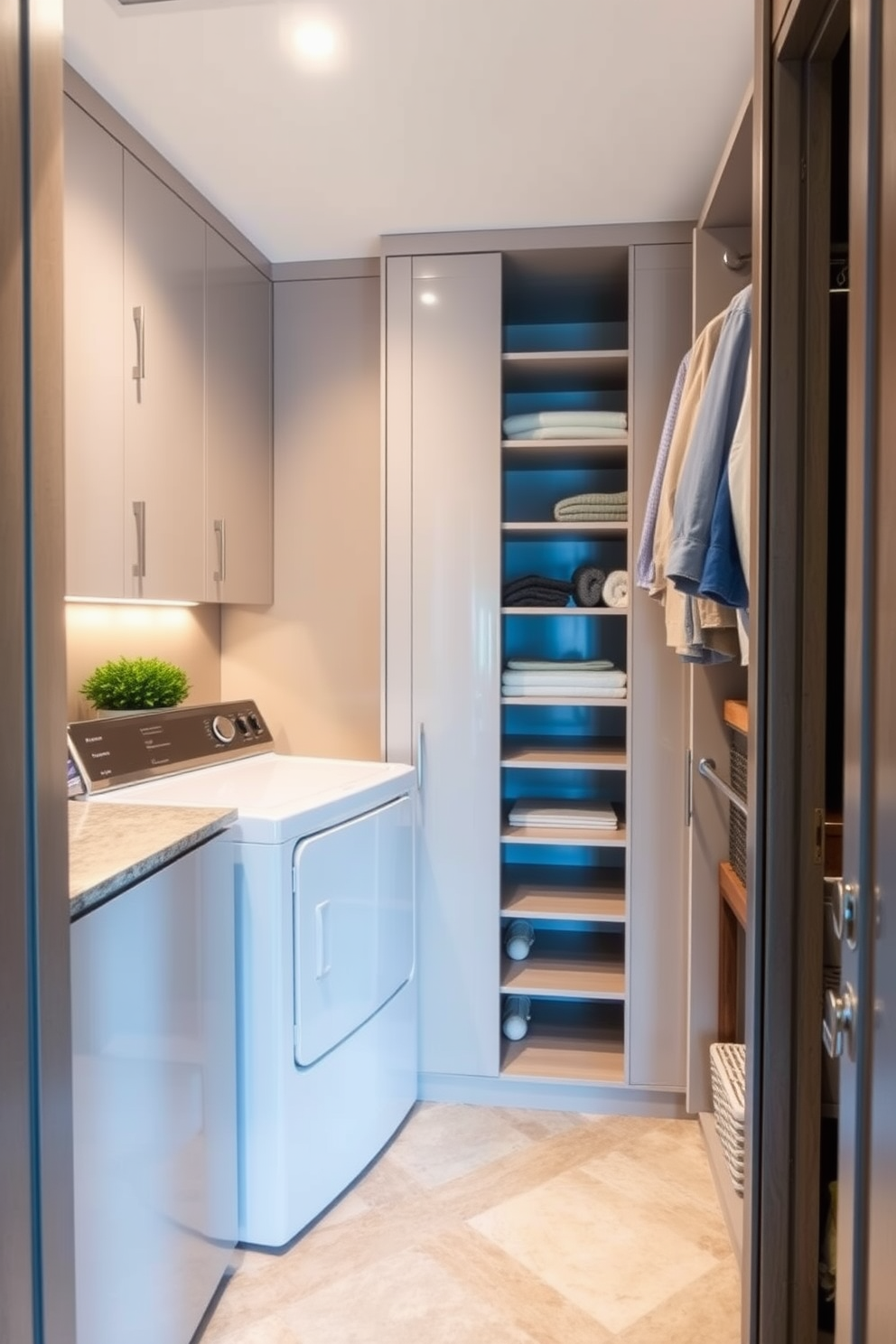 A stylish walk-in closet featuring sustainable materials such as bamboo shelving and reclaimed wood cabinetry. The space is illuminated with energy-efficient LED lighting, creating an inviting atmosphere for organizing fashion essentials. An innovative laundry room combo designed with eco-friendly appliances and a sleek countertop made from recycled materials. The layout maximizes functionality while maintaining a clean aesthetic, with ample storage and a folding area that blends seamlessly into the overall design.