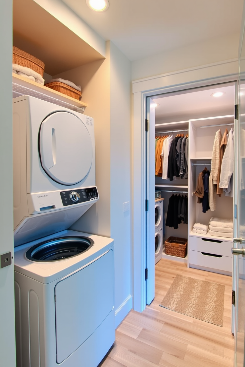 A modern laundry room featuring a stackable washer and dryer setup positioned neatly against the wall. The space is designed with a bright color palette and ample shelving for storage, complemented by a small folding area. Adjacent to the laundry area is a spacious walk-in closet that maximizes storage with built-in shelves and hanging space. Soft lighting illuminates the closet, creating an inviting atmosphere for organizing clothes and accessories.