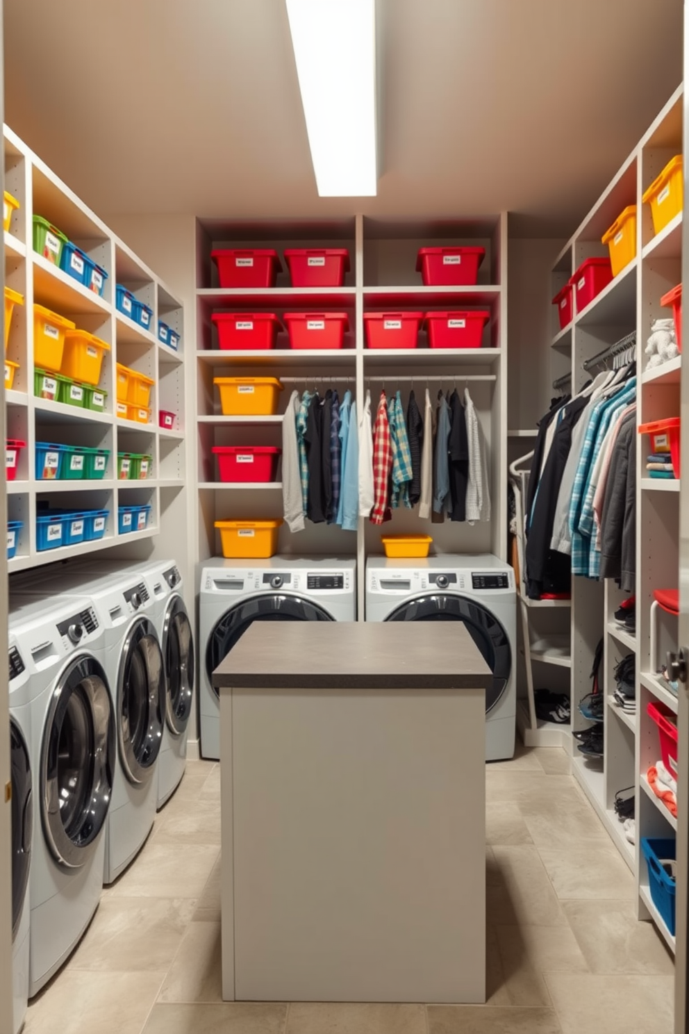 A spacious laundry room with a walk-in closet design featuring color-coded storage solutions for family organization. Shelves are lined with neatly labeled bins in vibrant colors, and a central island provides additional workspace for folding clothes. The closet area includes hanging rods for garments and a shoe rack, all designed to maximize space and efficiency. Soft lighting illuminates the area, creating a welcoming atmosphere that encourages organization and ease of use.