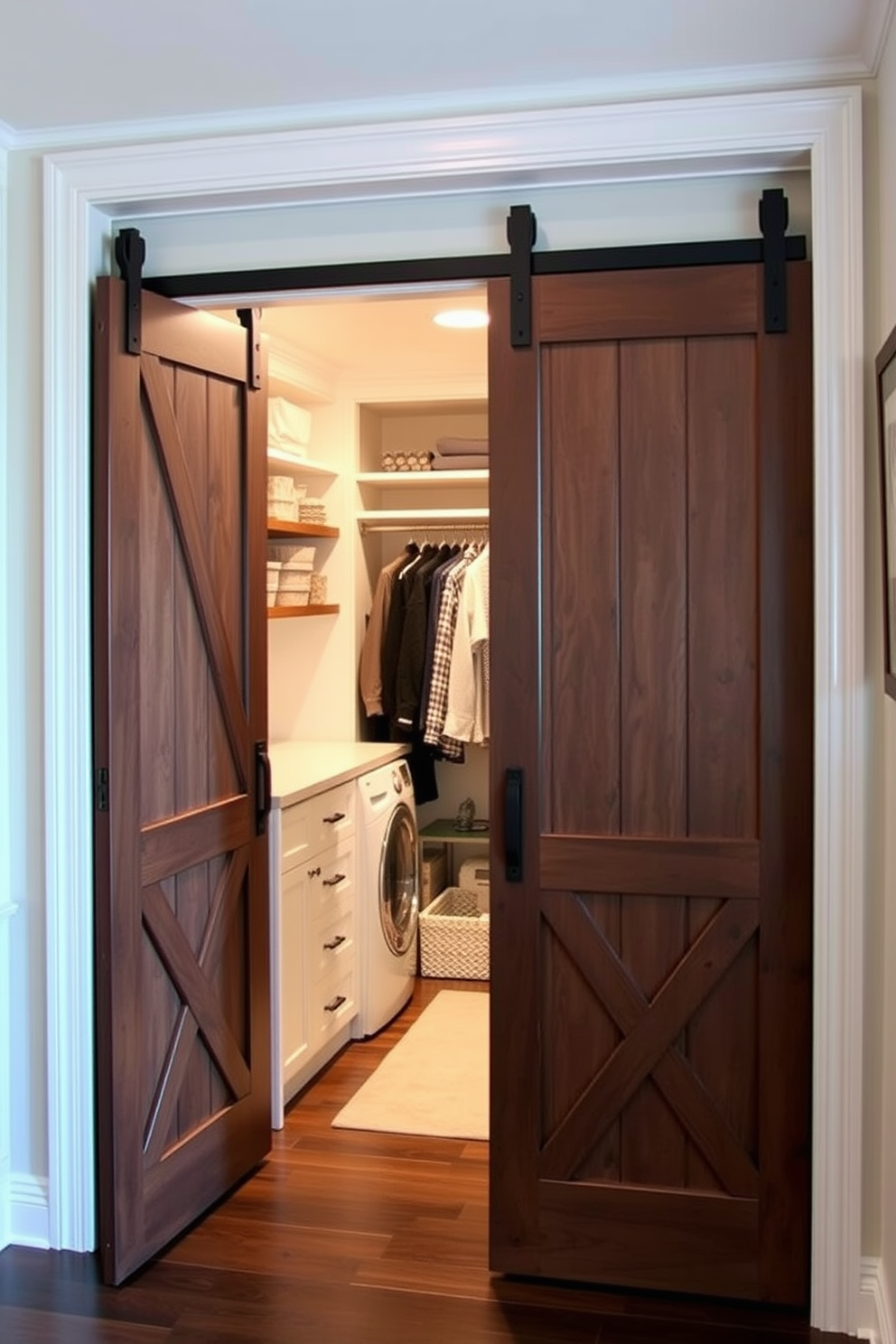 A functional laundry room combo with a walk-in closet. The design features open shelving for easy access to neatly folded linens and stylish storage baskets. The walk-in closet is spacious and well-organized, with hanging rods and shoe racks. Soft lighting enhances the overall ambiance, making it a practical yet inviting space.