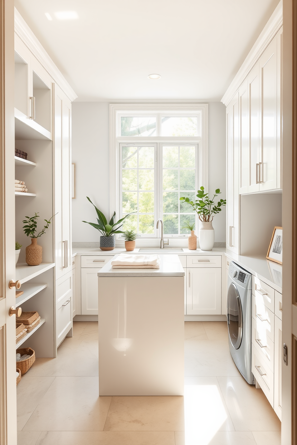 A bright and airy walk-in closet laundry room combo features ample natural light streaming through large windows. The space is designed with sleek cabinetry in a soft white finish and a stylish island in the center for folding clothes. The laundry appliances are seamlessly integrated into the cabinetry, maintaining a clean aesthetic. Decorative elements like potted plants and framed artwork add personality while ensuring the space remains functional and inviting.