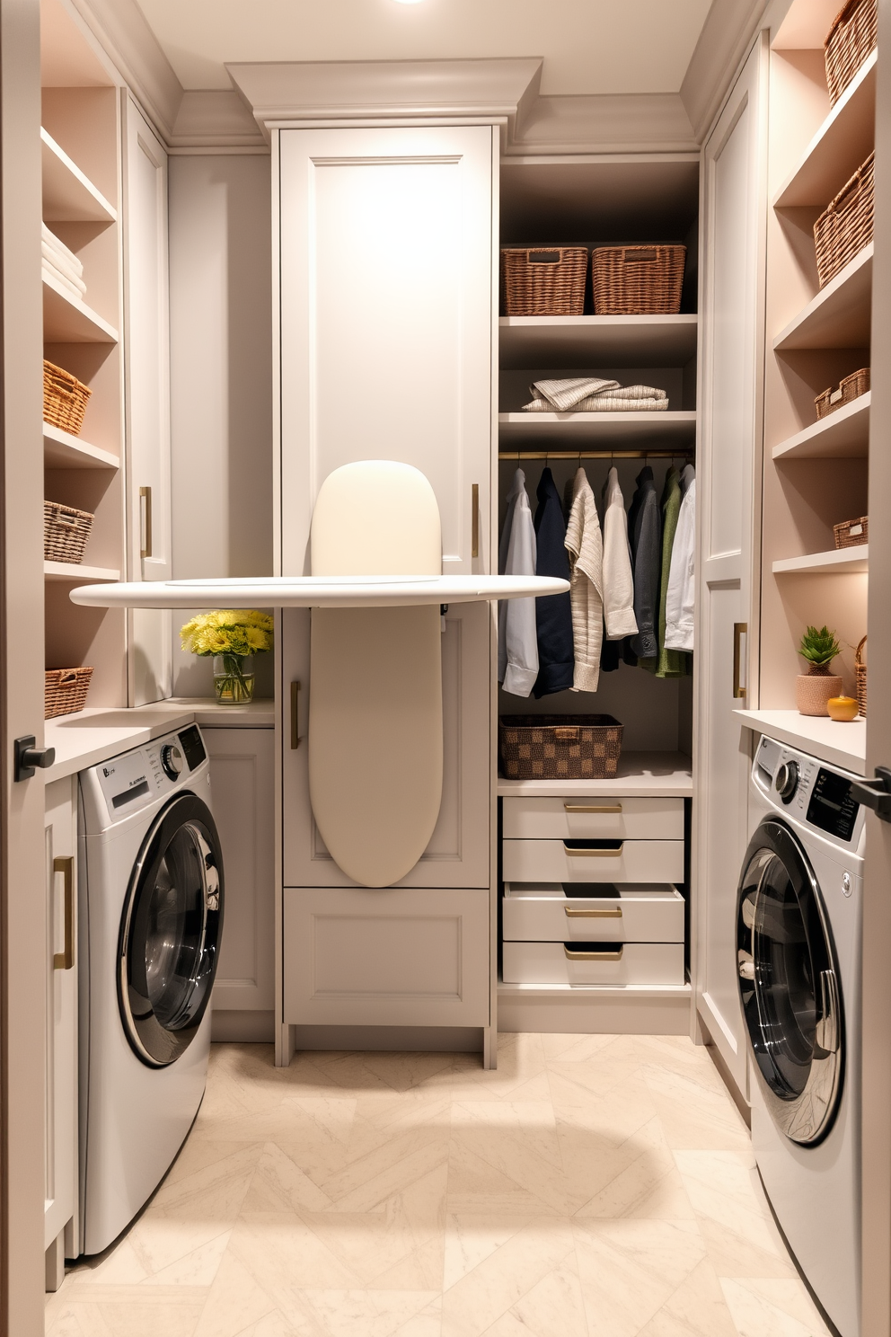 A laundry room combo featuring a sleek integrated ironing board that folds down from a stylish cabinet. The space includes ample storage with built-in shelves and a walk-in closet area designed with organized hanging space and drawers for easy access. The laundry appliances are seamlessly integrated into the cabinetry, maintaining a clean aesthetic. Soft lighting illuminates the room, highlighting a neutral color palette with pops of color from decorative baskets and plants.