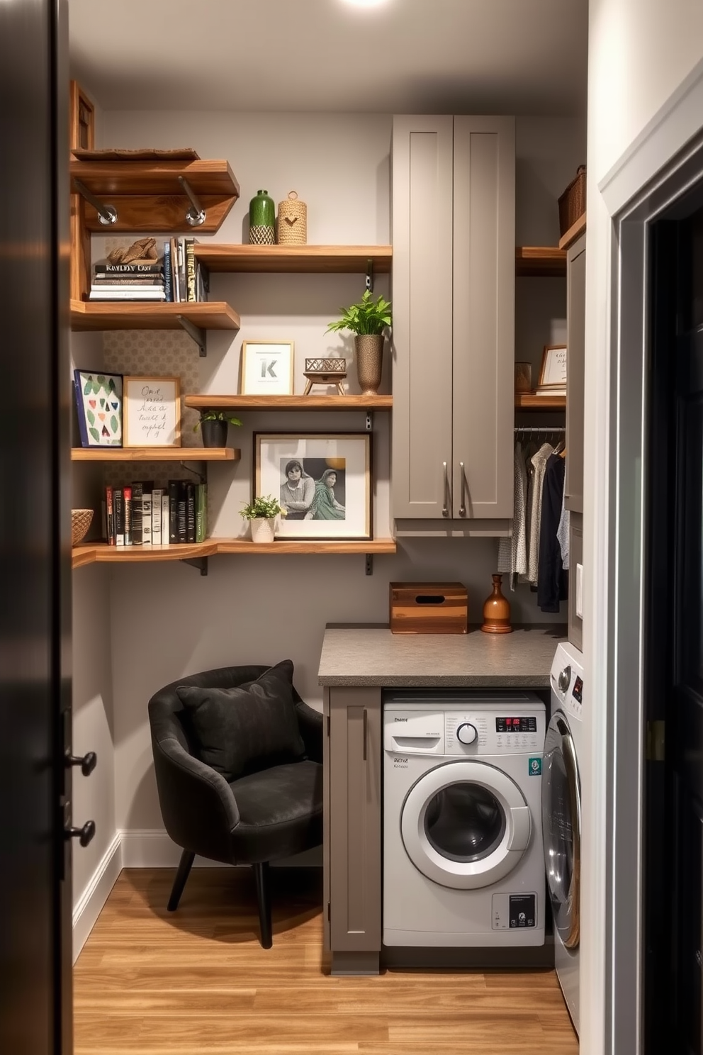 Open shelving for decorative displays. The shelves are made of reclaimed wood and are arranged in a staggered pattern on the wall. The displays include a mix of books, plants, and curated decor items. A cozy reading nook is nestled nearby, featuring a plush armchair and a small side table. Walk-in-Closet Laundry Room Combo Design Ideas. The space features built-in cabinetry for storage and a stylish island for folding clothes. The closet area is organized with hanging rods and shoe racks, while the laundry section includes a modern washer and dryer stacked for efficiency.