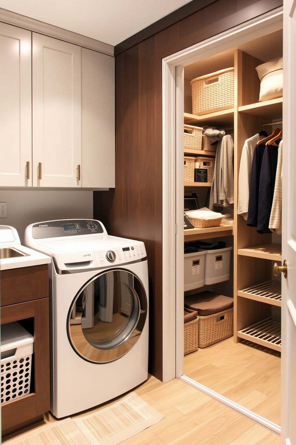 A stylish laundry room featuring cabinetry with built-in laundry baskets for easy sorting. The space includes a walk-in closet area with ample shelving and hanging space, seamlessly integrated into the laundry room design.