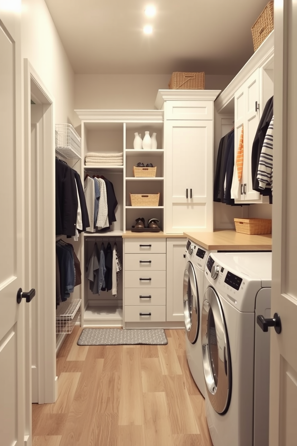 A cozy laundry nook featuring a sliding barn door that adds rustic charm. The space includes open shelving for storage and a countertop for folding clothes. A spacious walk-in closet designed with ample hanging space and built-in drawers for organization. Soft lighting highlights the elegant finishes and makes the area inviting. A functional laundry room combo that maximizes space efficiency. It incorporates a washer and dryer stacked with a folding area and stylish cabinetry for a clean look.