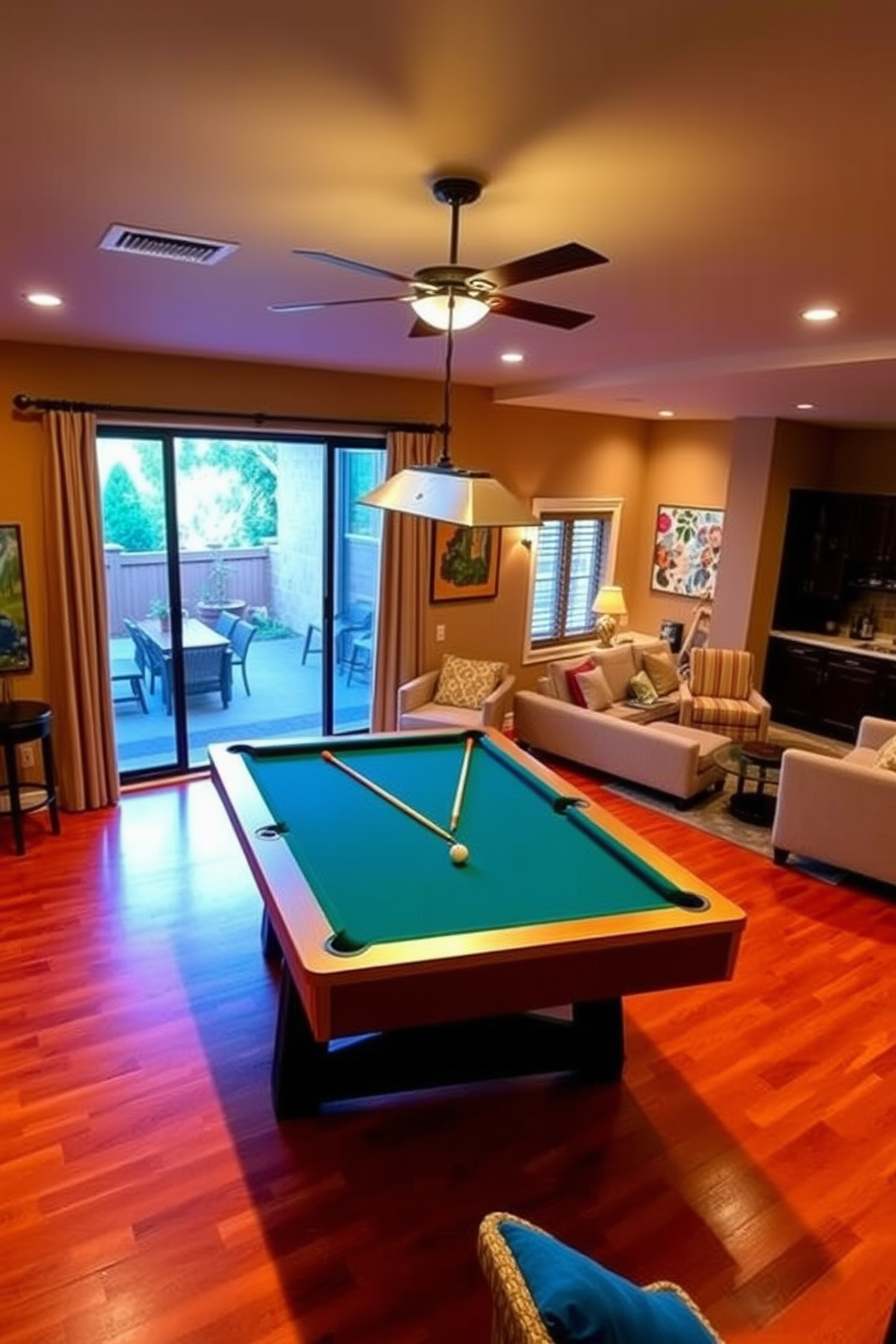 A vibrant game room featuring a sleek pool table at the center, surrounded by comfortable seating and colorful wall art. The flooring is a rich hardwood, and ambient lighting creates a fun atmosphere for entertaining guests. A stylish walkout basement designed for relaxation and entertainment, complete with a cozy lounge area and a small kitchenette. Large sliding glass doors open to a patio, allowing natural light to flood the space and providing easy access to outdoor activities.