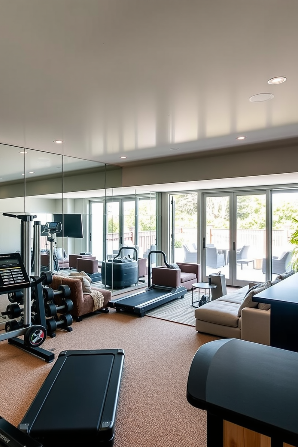 A modern home gym featuring mirrored walls that reflect natural light, creating an open and airy atmosphere. The space includes a variety of workout equipment such as free weights, a treadmill, and yoga mats, all neatly organized for easy access. A stylish walkout basement designed for relaxation and entertainment. The area showcases a cozy seating arrangement with plush sofas, a wet bar for refreshments, and large windows that open up to a beautiful outdoor patio.